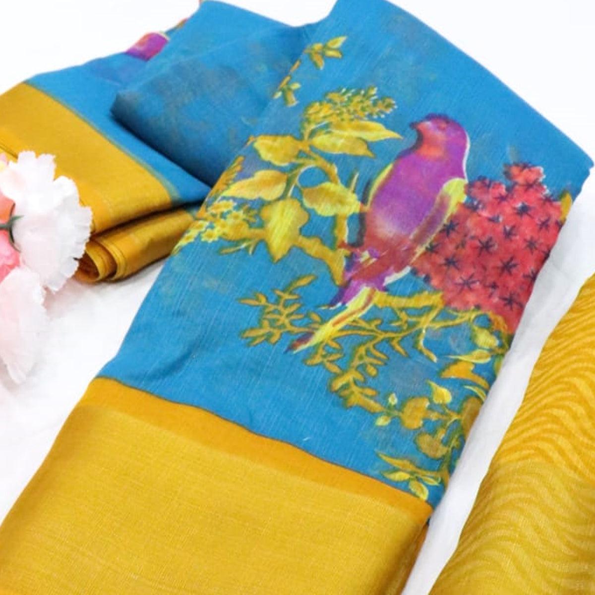 Sky Blue Festive Wear Floral Digital Print With Sonakshi Zari Border Cotton Saree - Peachmode