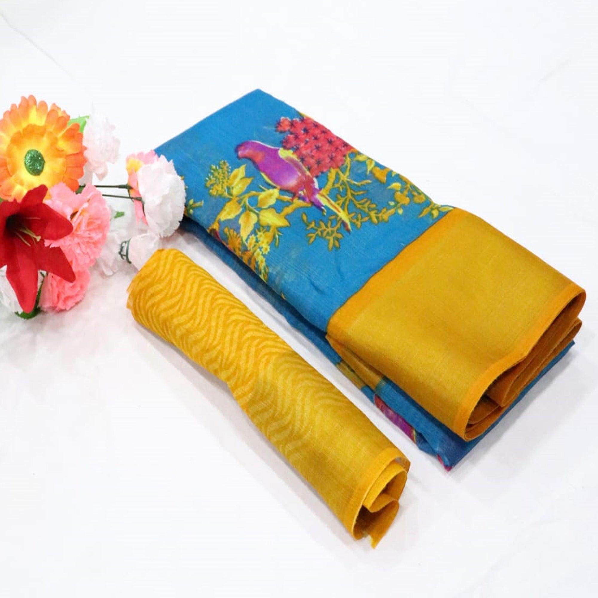 Sky Blue Festive Wear Floral Digital Print With Sonakshi Zari Border Cotton Saree - Peachmode