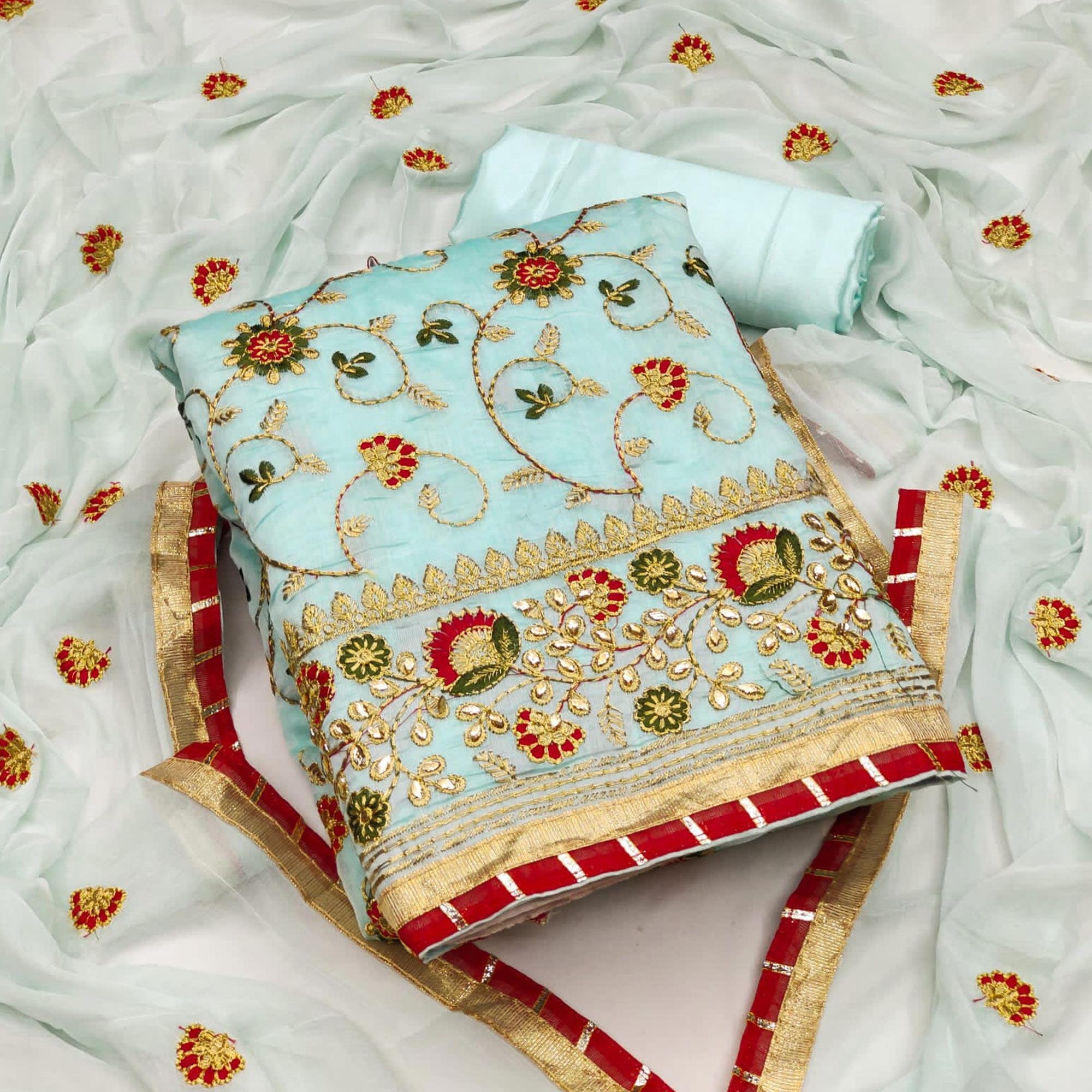 Sky Blue Festive Wear Floral Embroidered Chanderi Dress Material - Peachmode