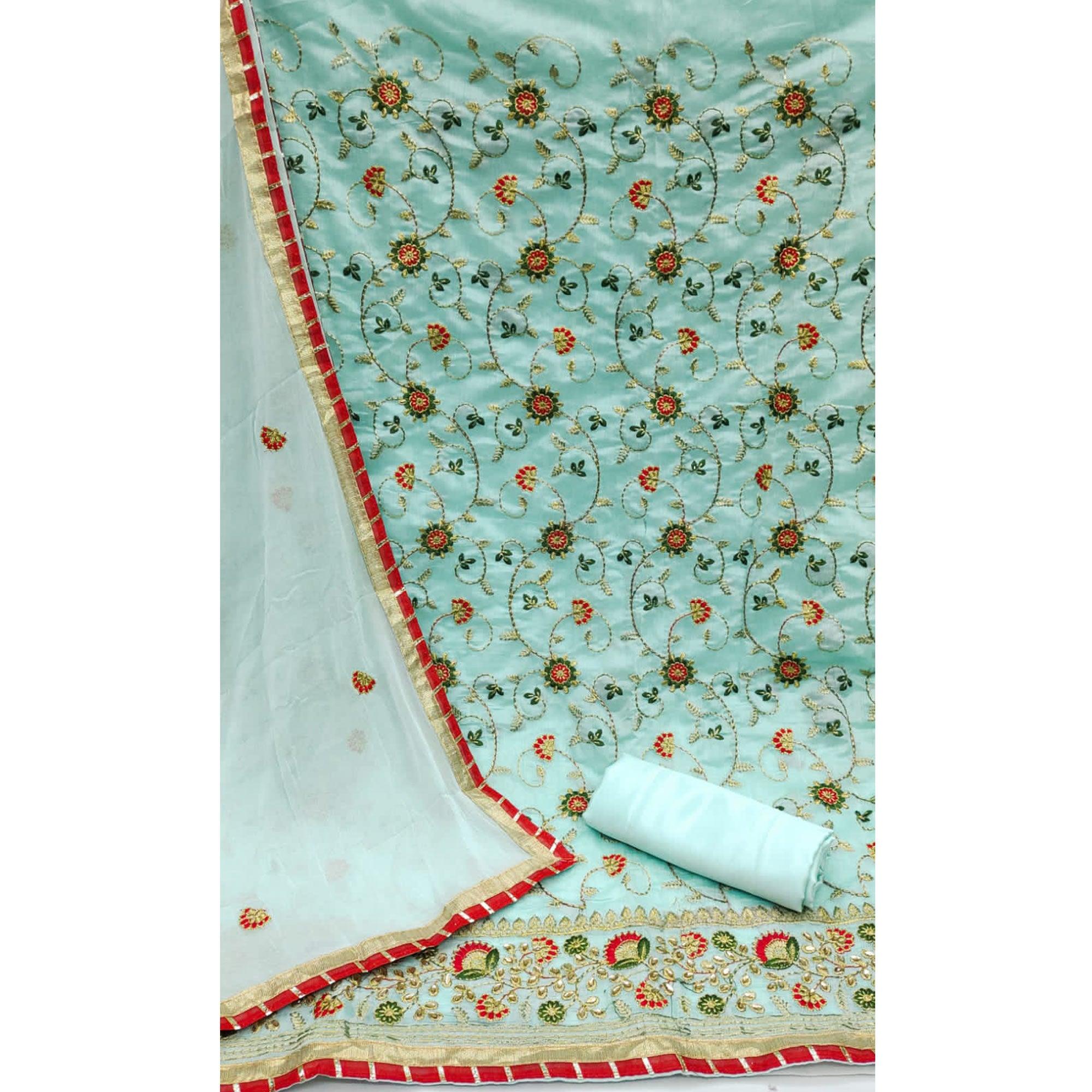 Sky Blue Festive Wear Floral Embroidered Chanderi Dress Material - Peachmode