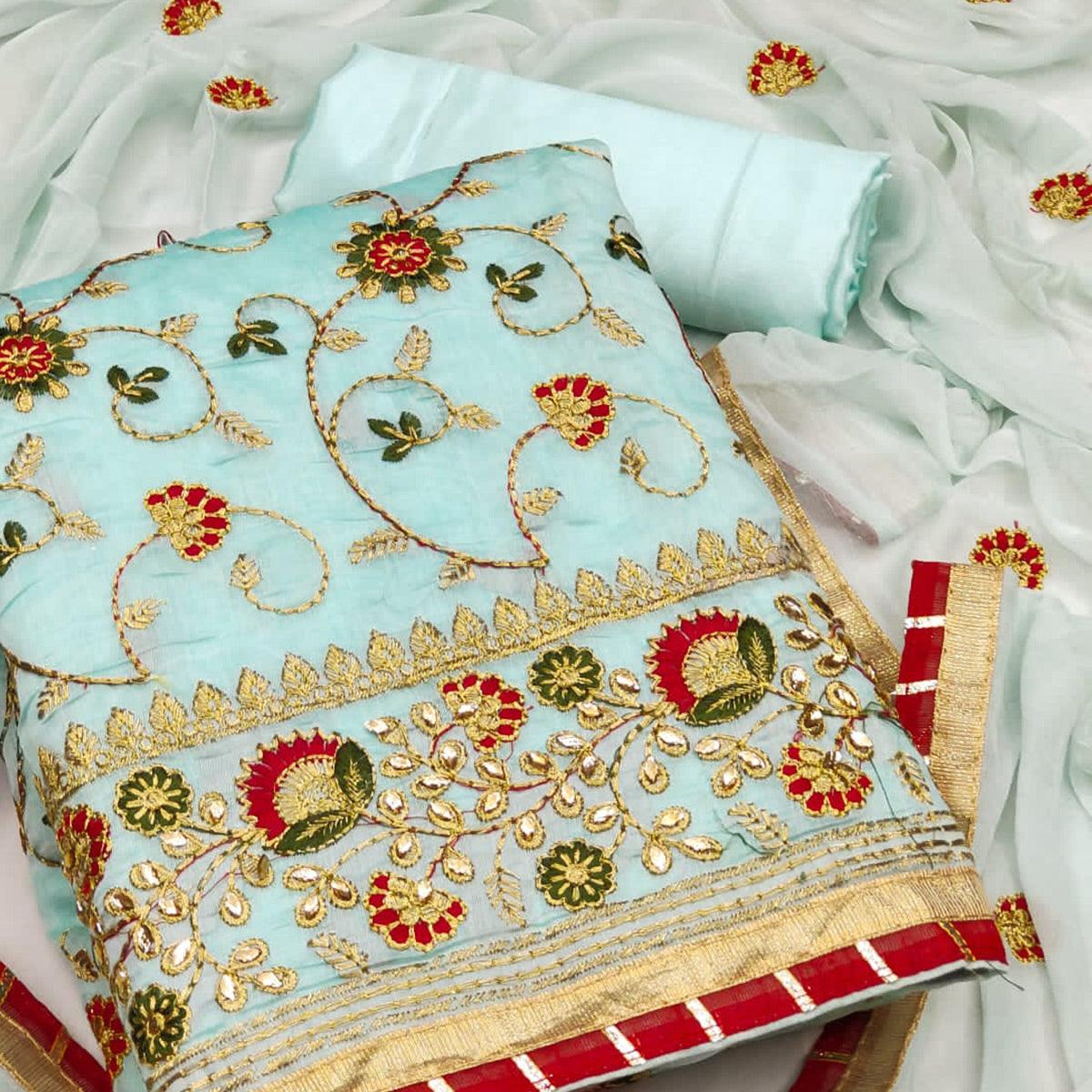 Sky Blue Festive Wear Floral Embroidered Chanderi Dress Material - Peachmode