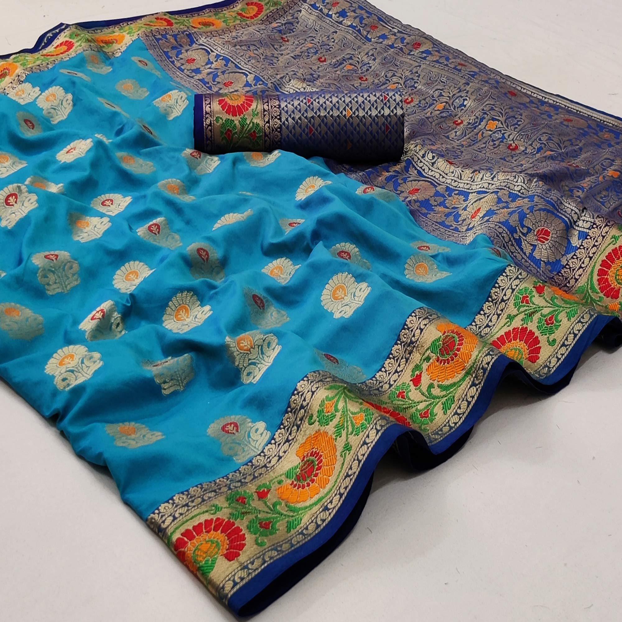 Sky Blue Festive Wear Floral Woven Soft Silk Saree - Peachmode