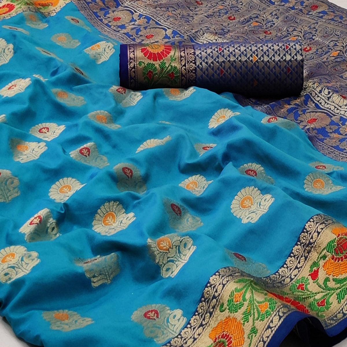 Sky Blue Festive Wear Floral Woven Soft Silk Saree - Peachmode