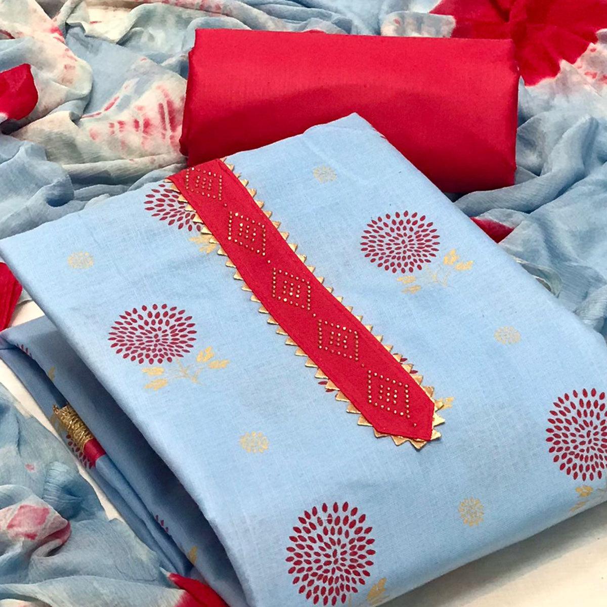 Sky Blue Festive Wear Foil Printed & Embellished Cotton Dress Material - Peachmode
