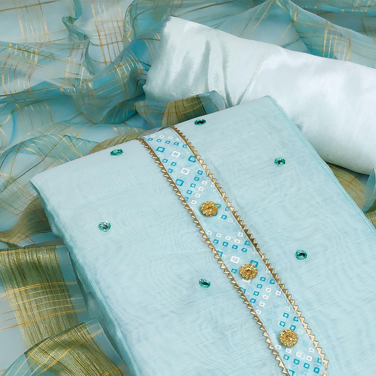Sky Blue Festive Wear Gotta Handwork Chanderi Dress Material - Peachmode