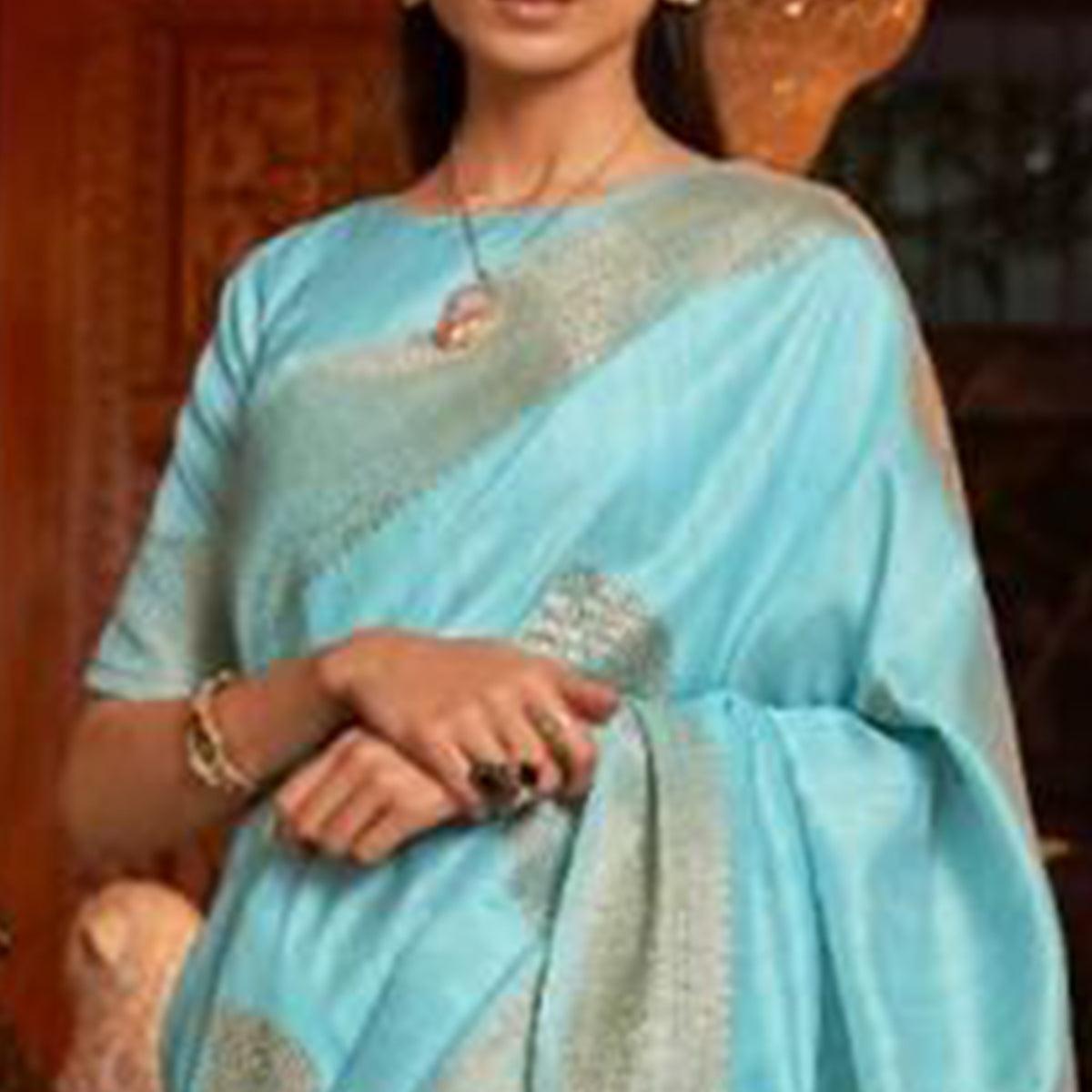 Sky Blue Festive Wear Handloom Sequence Silk Saree - Peachmode