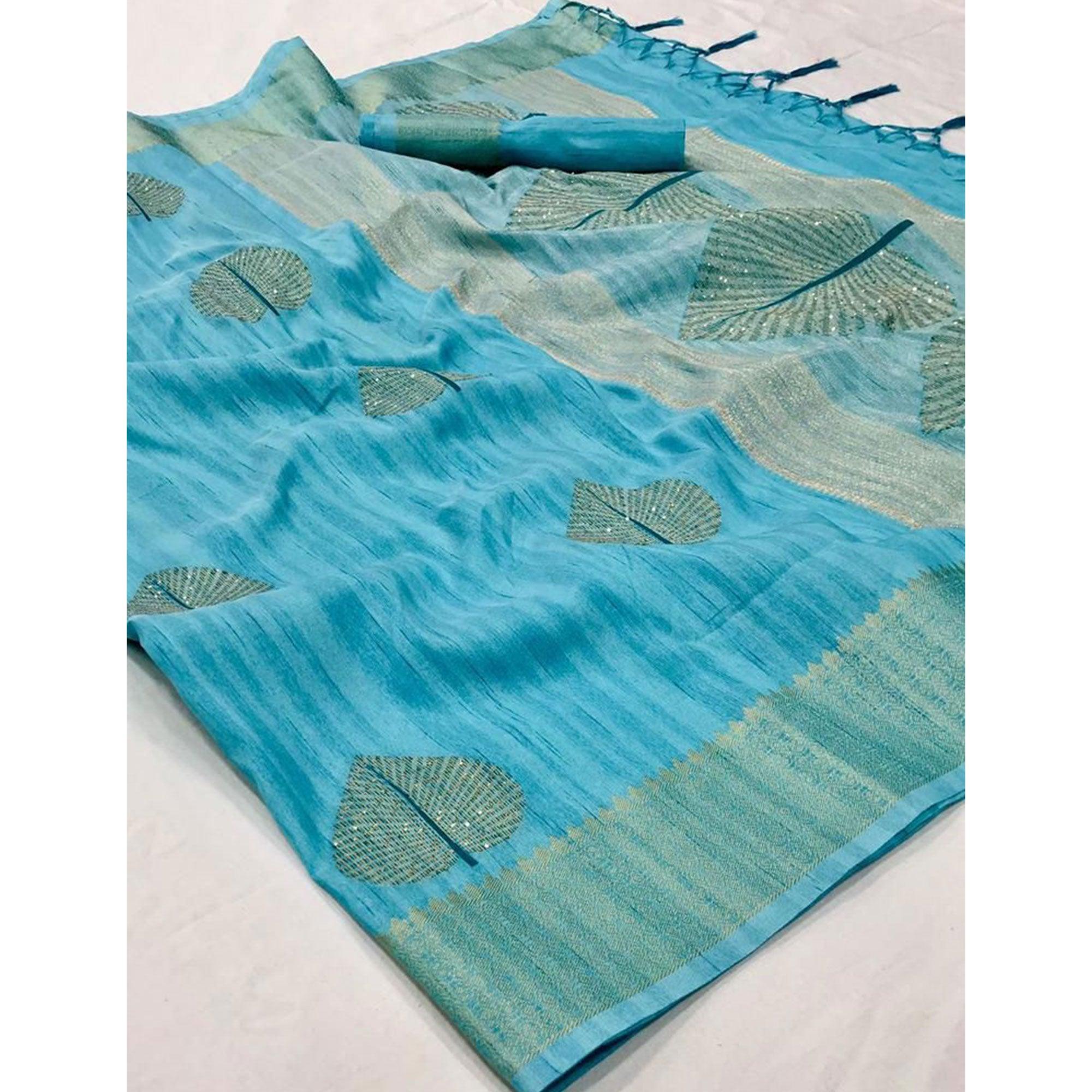 Sky Blue Festive Wear Handloom Sequence Silk Saree - Peachmode