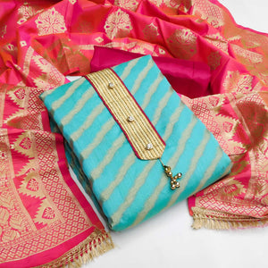 Sky Blue Festive Wear Lehriya Designer Woven Banarasi Silk Dress Material - Peachmode