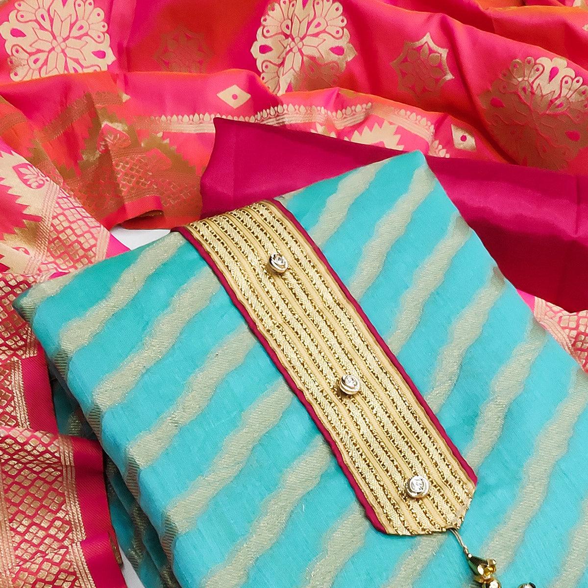 Sky Blue Festive Wear Lehriya Designer Woven Banarasi Silk Dress Material - Peachmode