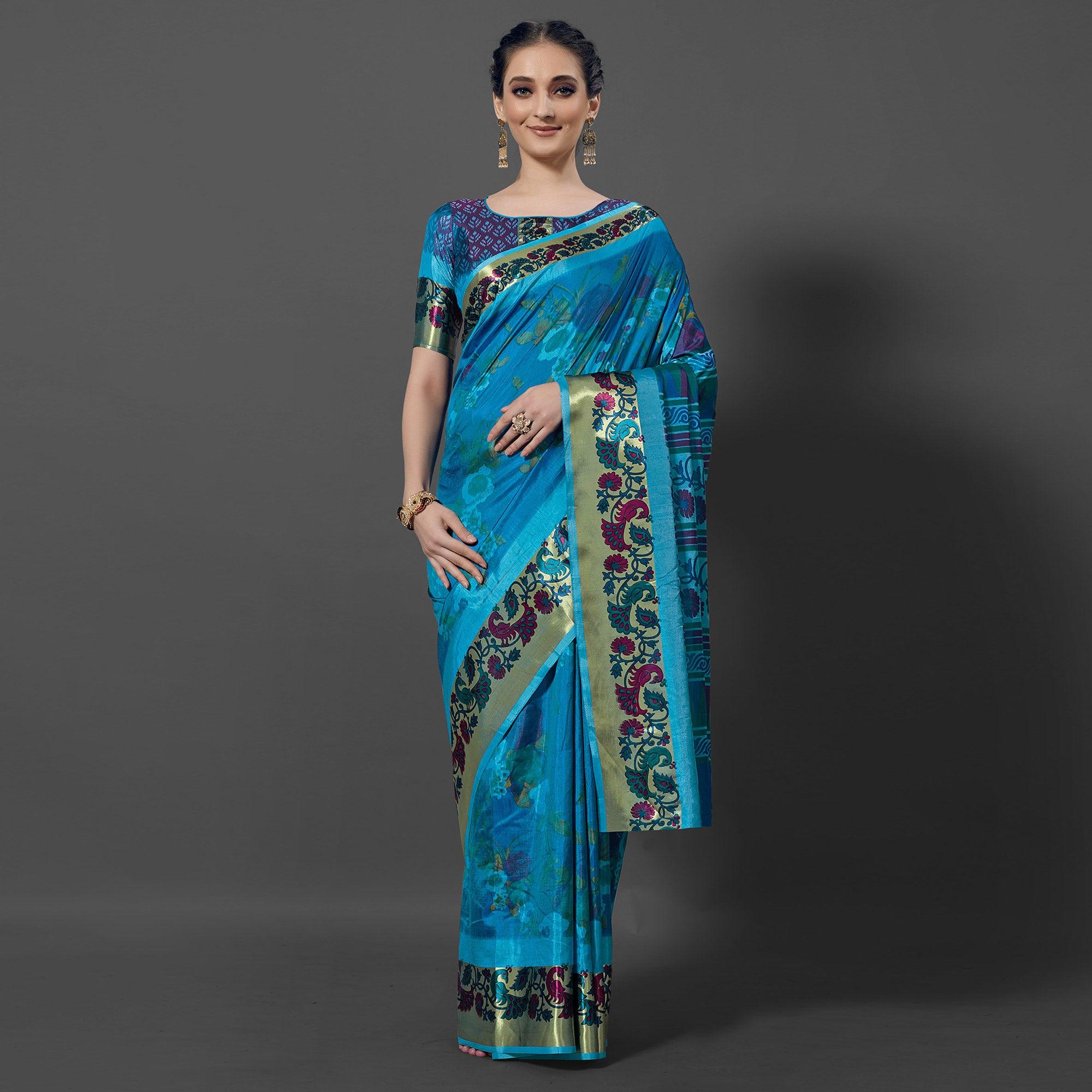 Sky Blue Festive Wear Printed Dhakai Silk Saree - Peachmode