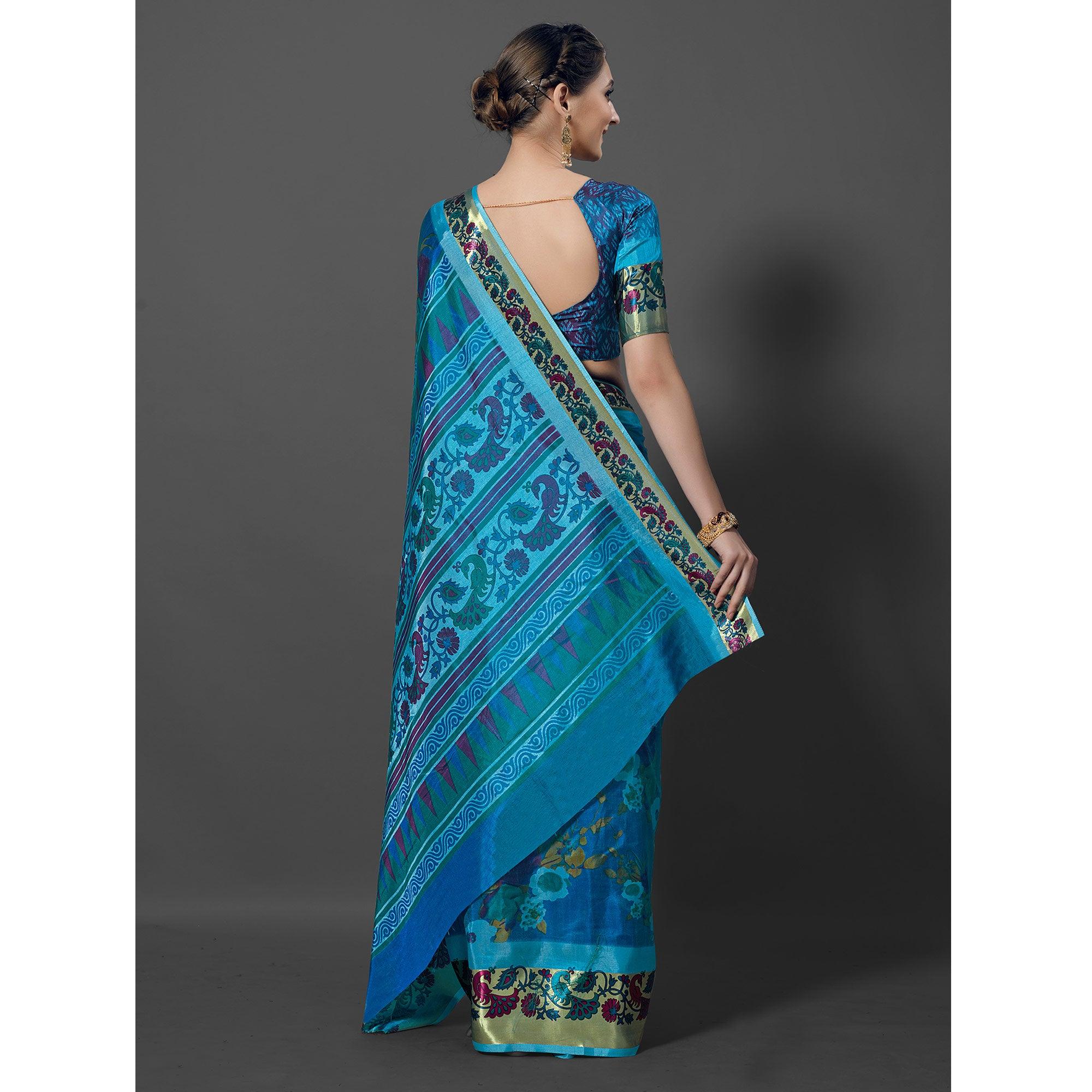 Sky Blue Festive Wear Printed Dhakai Silk Saree - Peachmode