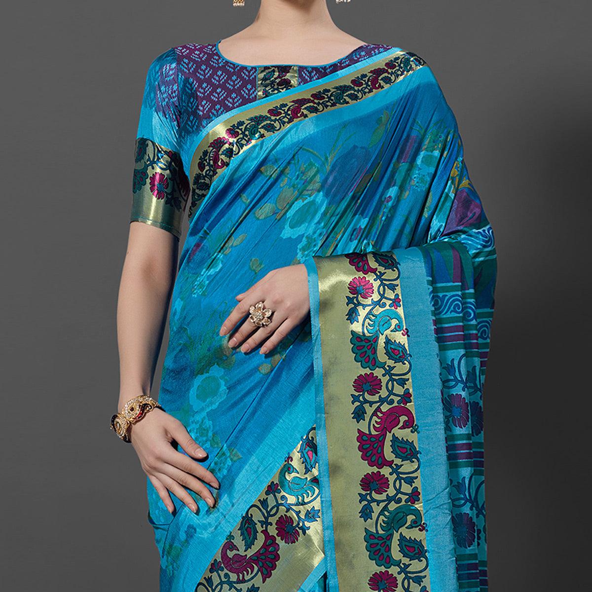 Sky Blue Festive Wear Printed Dhakai Silk Saree - Peachmode