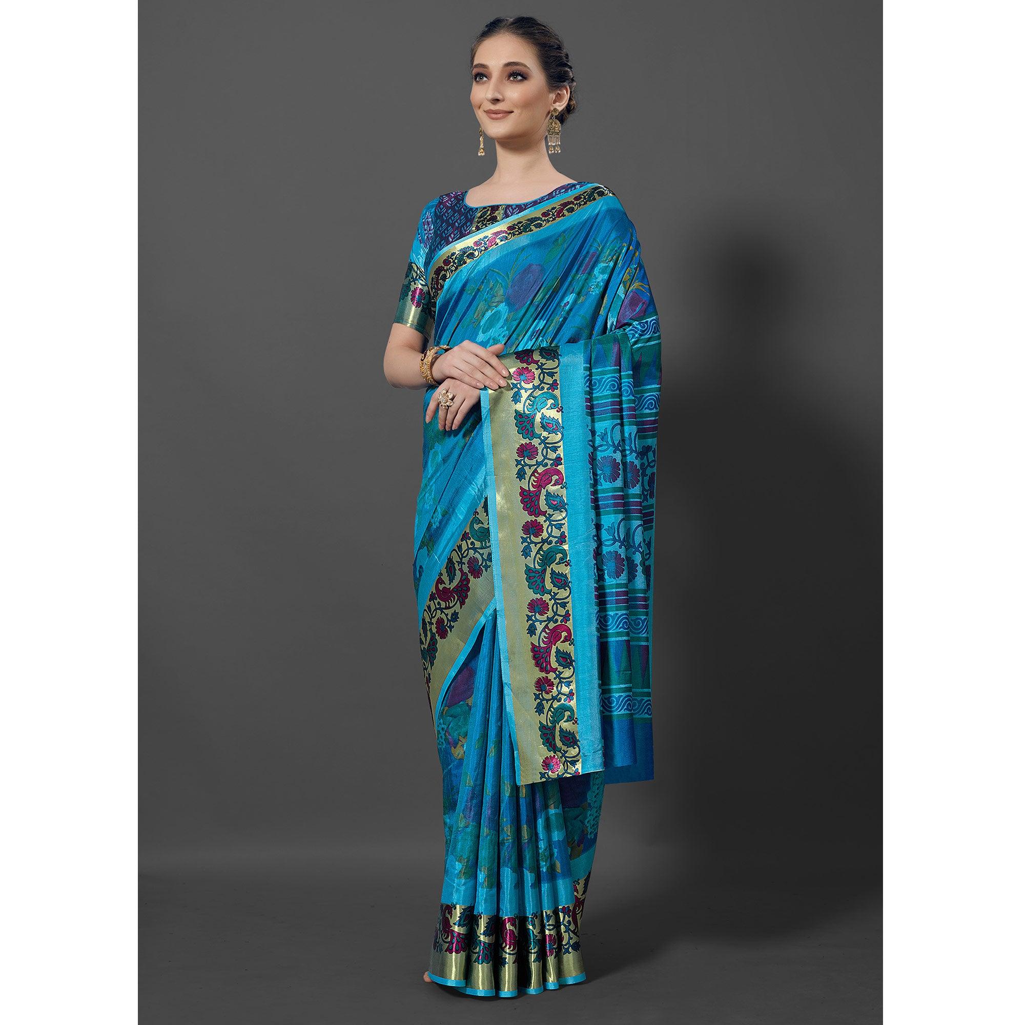 Sky Blue Festive Wear Printed Dhakai Silk Saree - Peachmode