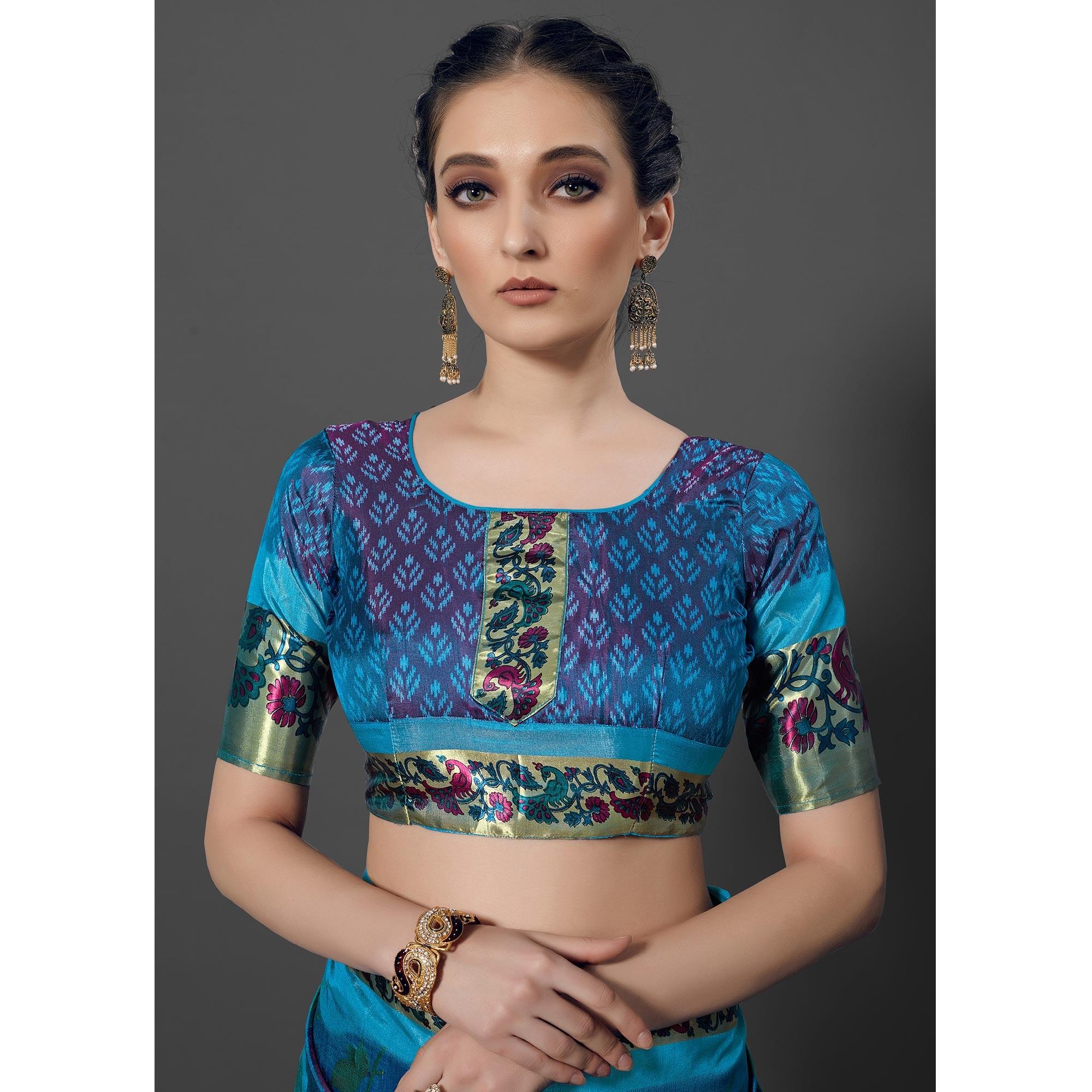 Sky Blue Festive Wear Printed Dhakai Silk Saree - Peachmode