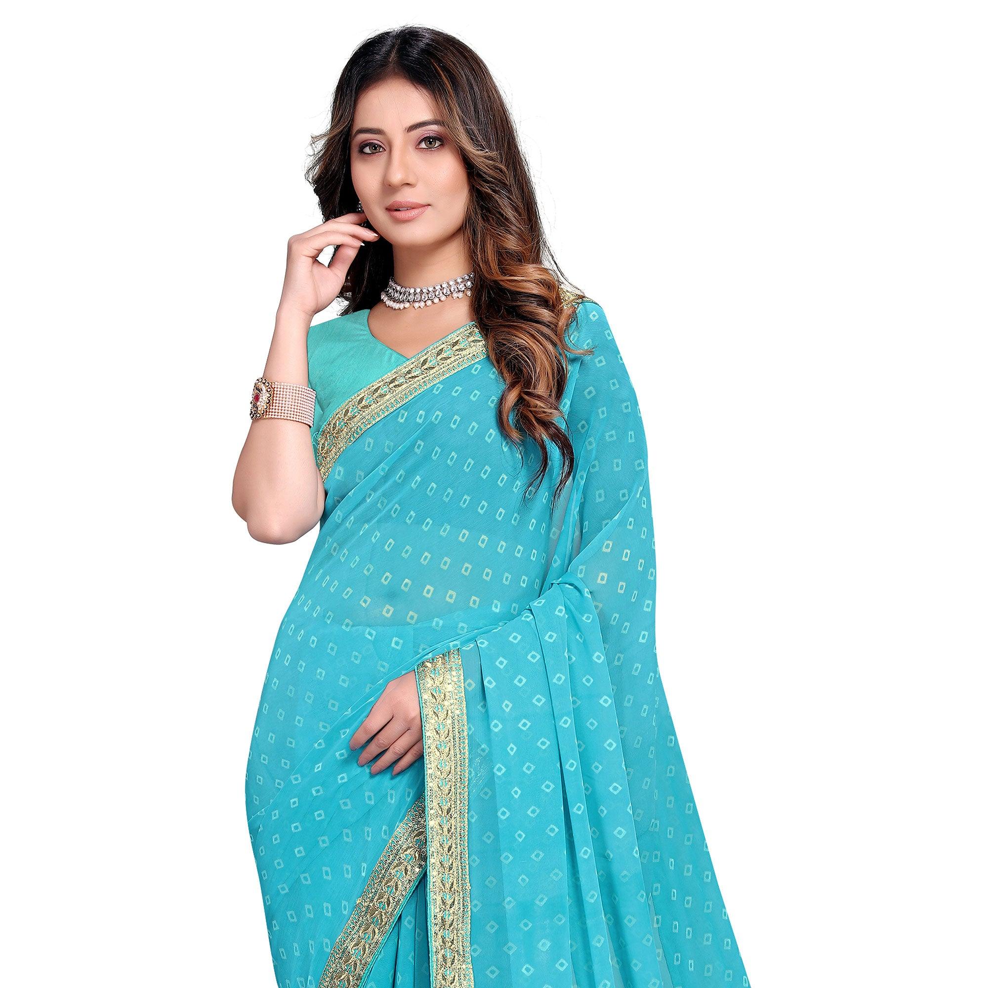Sky Blue Festive Wear Printed Georgette Saree - Peachmode