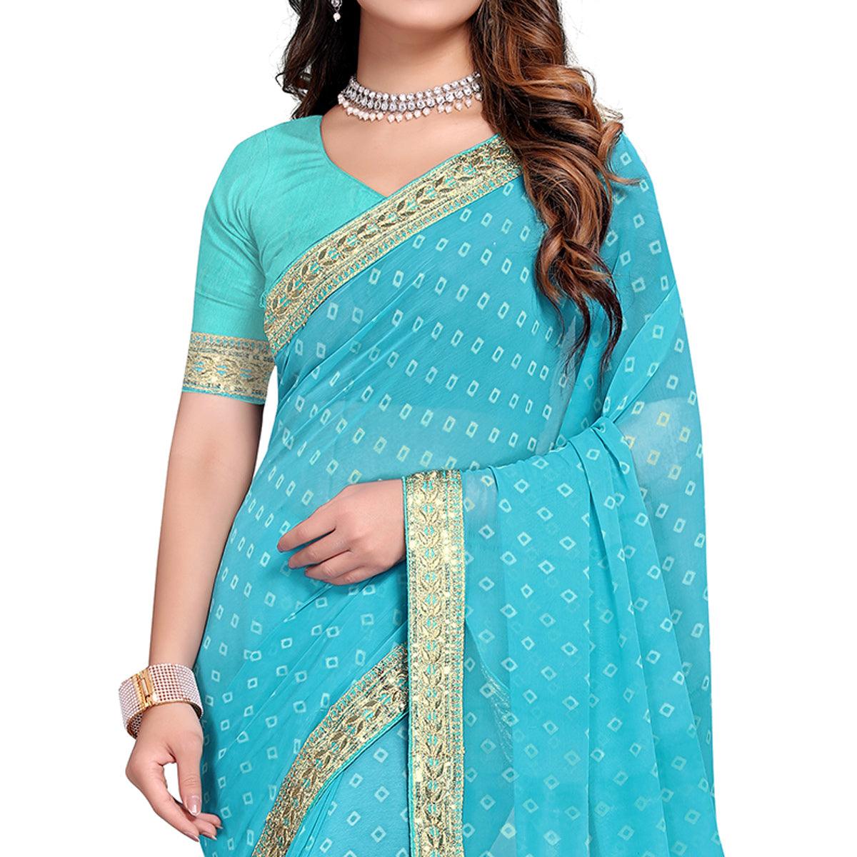 Sky Blue Festive Wear Printed Georgette Saree - Peachmode