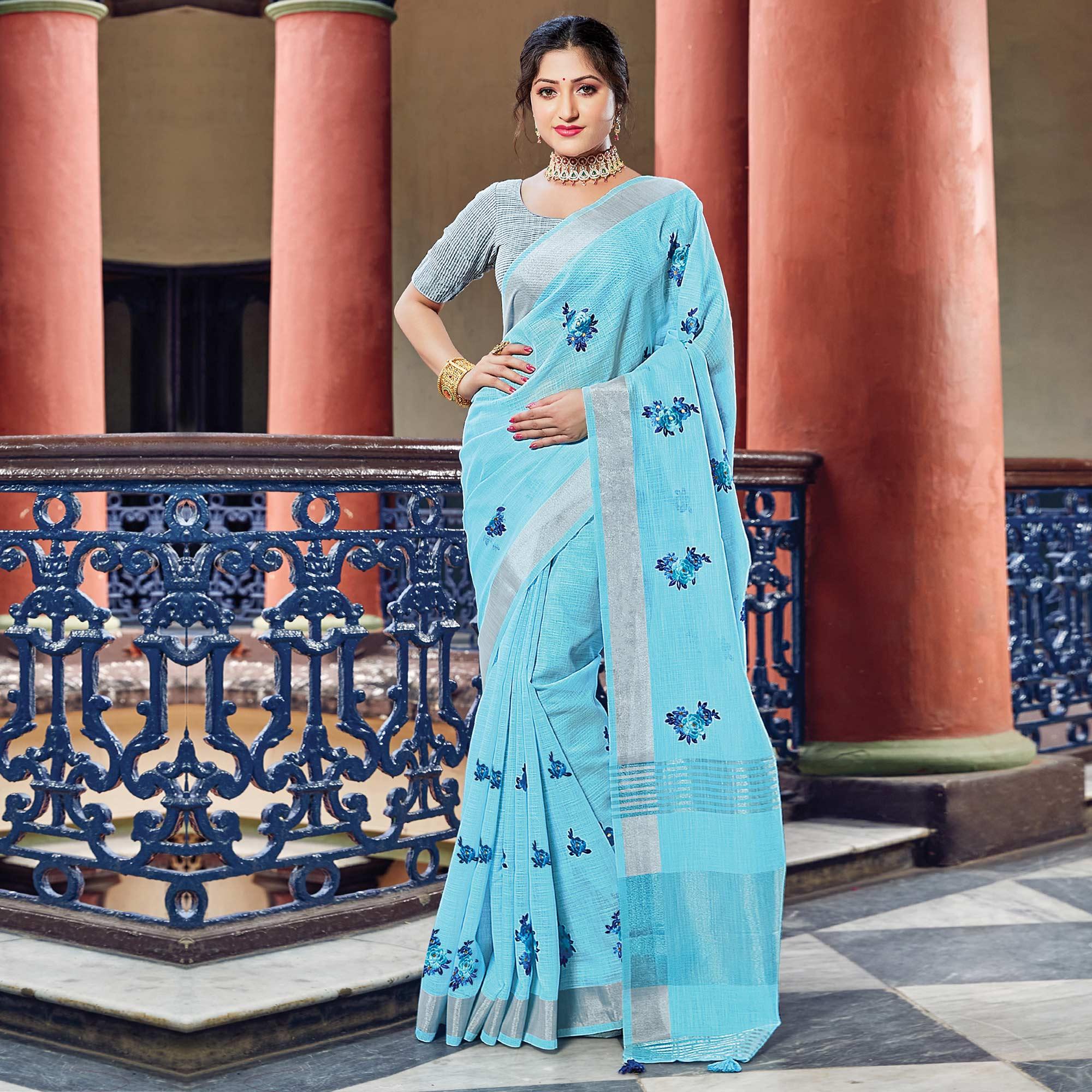 Sky Blue Festive Wear Printed Linen Saree - Peachmode