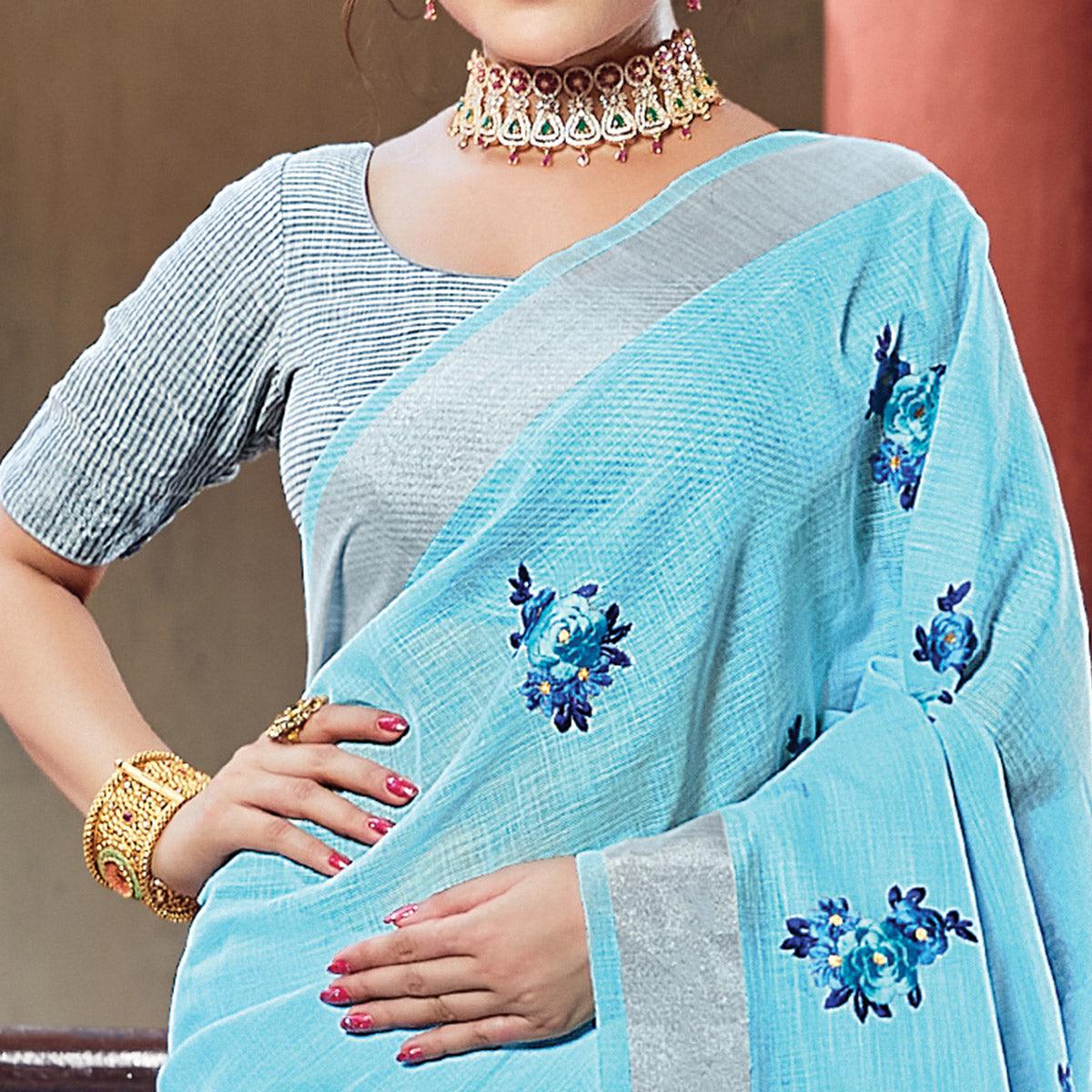 Sky Blue Festive Wear Printed Linen Saree - Peachmode