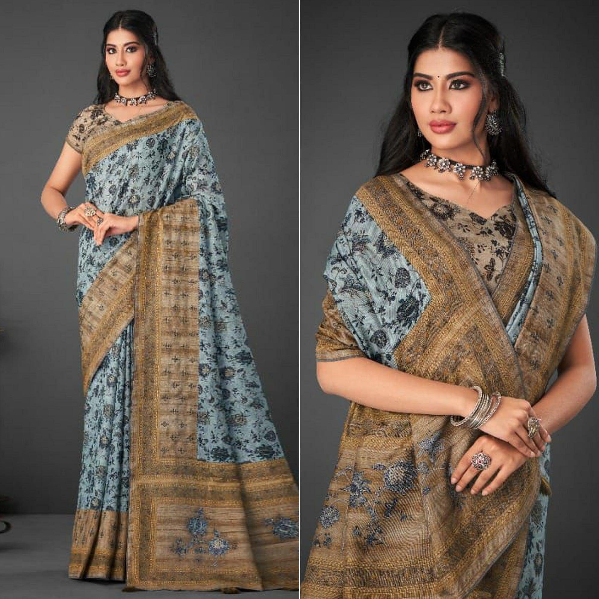 Sky Blue Festive Wear Printed Silk Saree - Peachmode