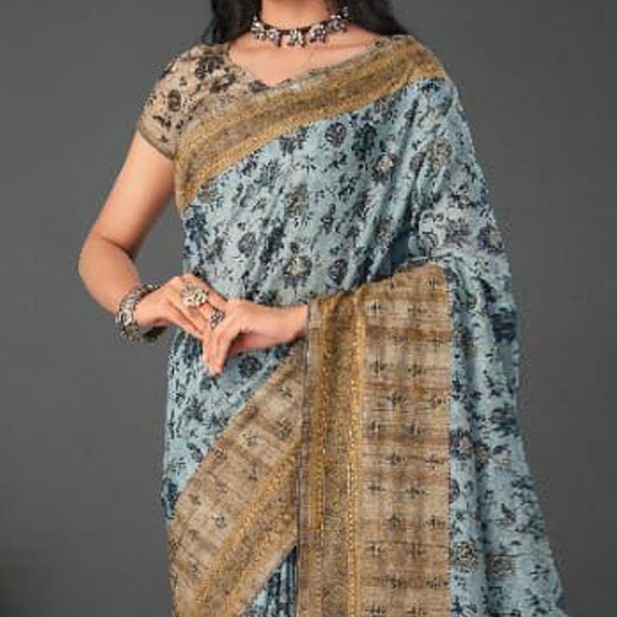 Sky Blue Festive Wear Printed Silk Saree - Peachmode