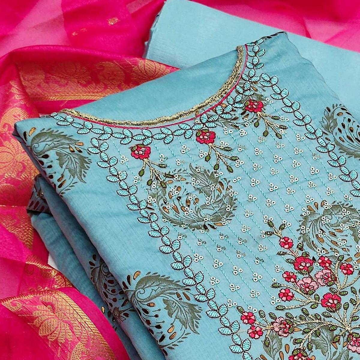 Sky Blue Festive Wear Sequence Embroidered Art Silk Dress Material - Peachmode