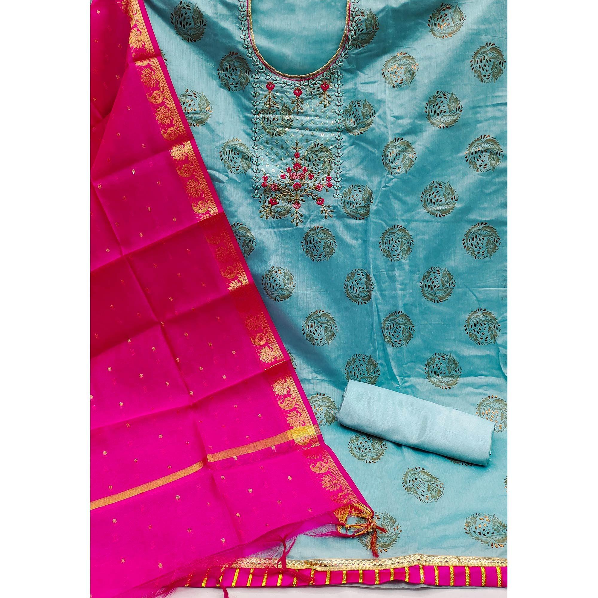 Sky Blue Festive Wear Sequence Embroidered Art Silk Dress Material - Peachmode