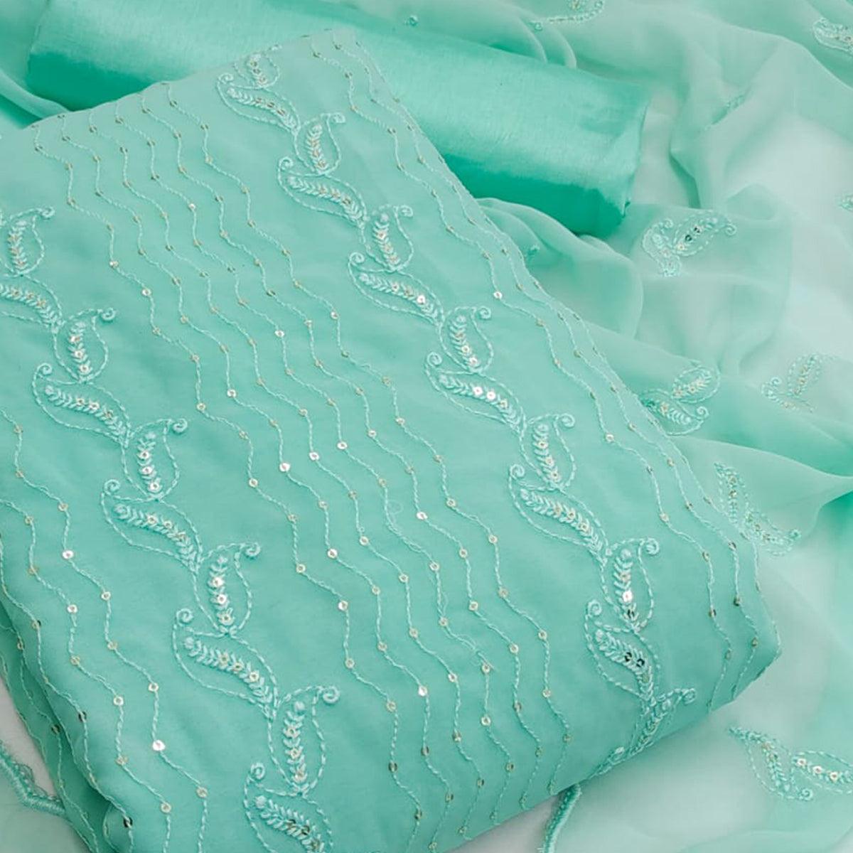 Sky Blue Festive Wear Sequence Embroidered Georgette Dress Material - Peachmode