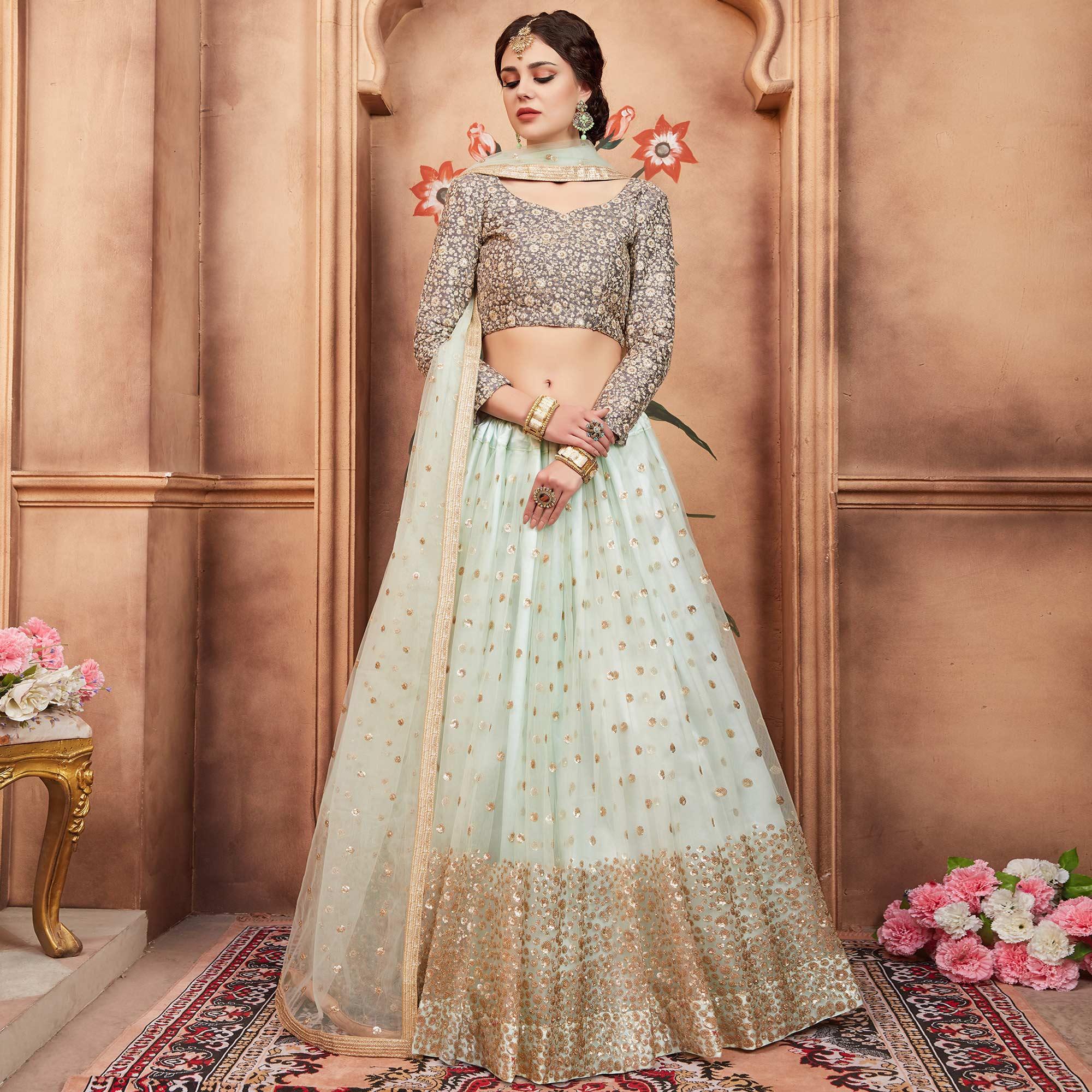 Sky Blue Festive Wear Sequence Thread Work Soft Net Lehenga Choli - Peachmode