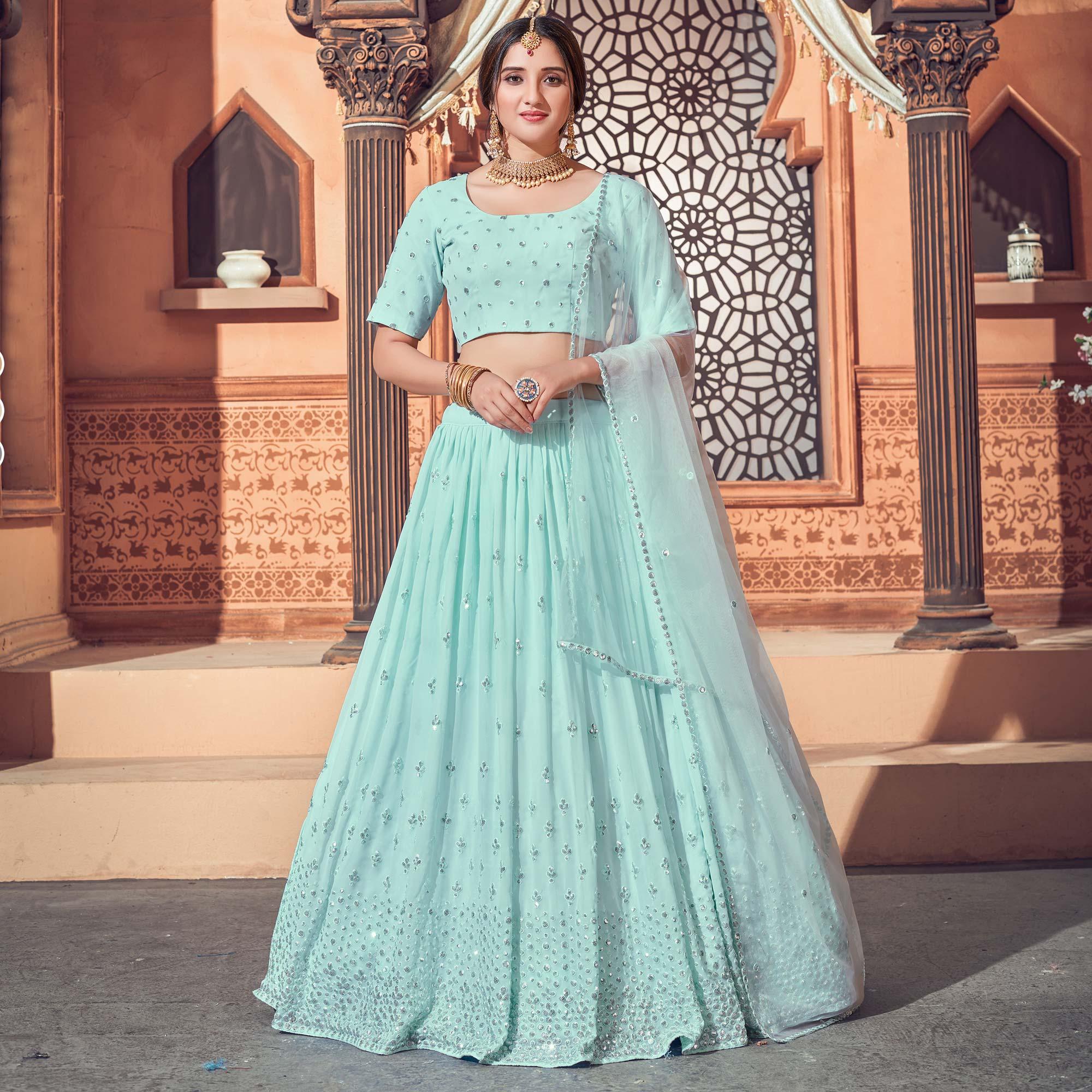 Sky Blue Festive Wear Thread with Sequence Embroidered Georgette Lehenga Choli - Peachmode