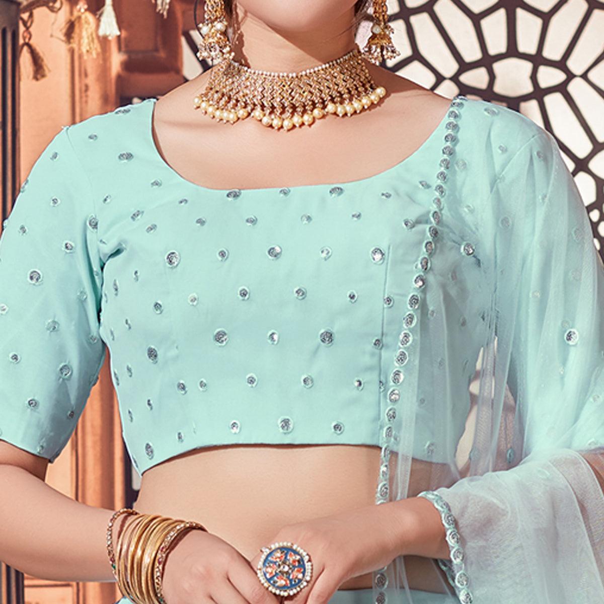 Sky Blue Festive Wear Thread with Sequence Embroidered Georgette Lehenga Choli - Peachmode