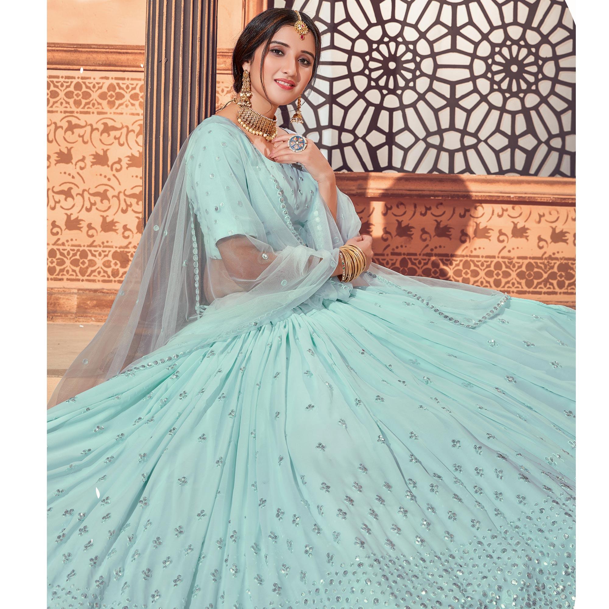 Sky Blue Festive Wear Thread with Sequence Embroidered Georgette Lehenga Choli - Peachmode