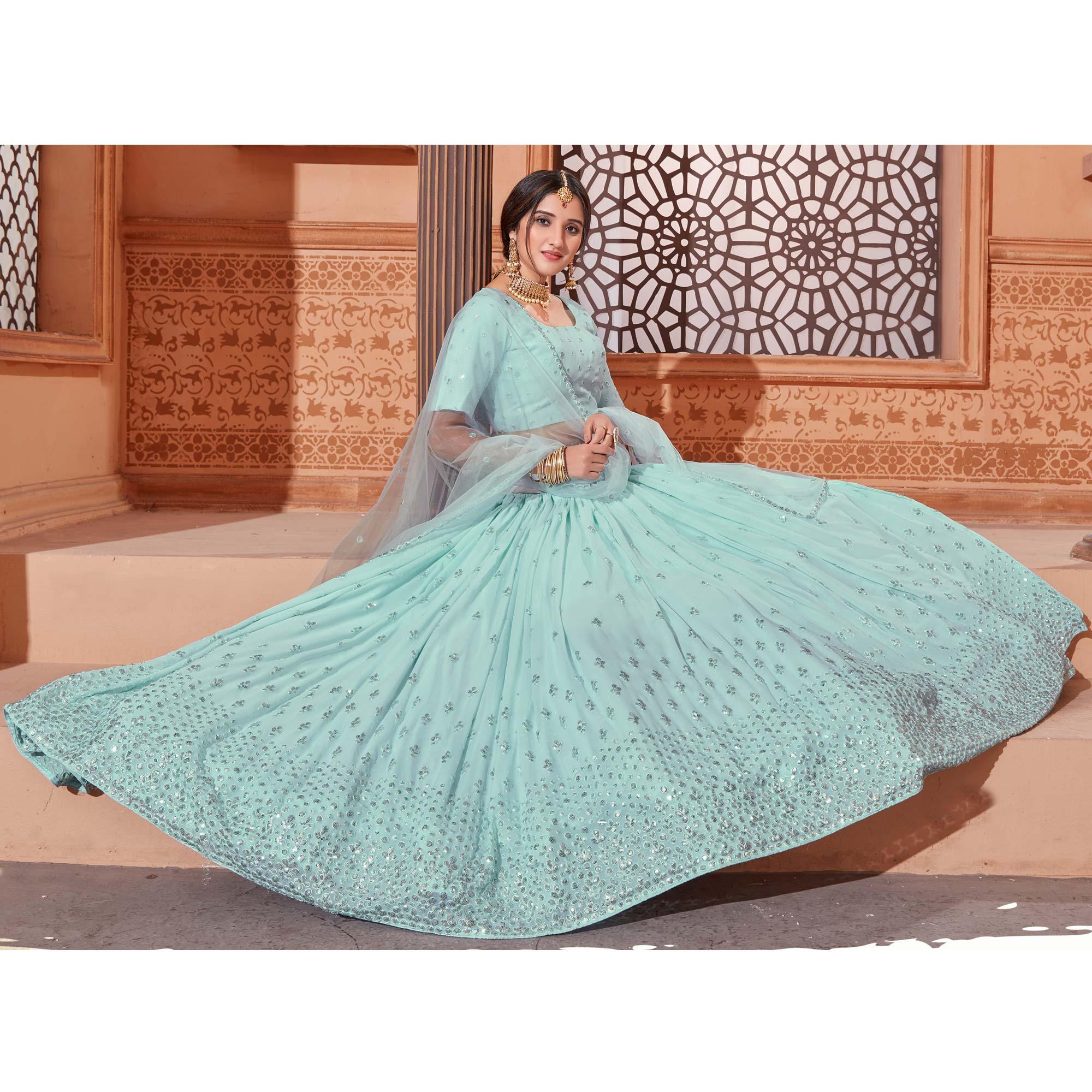 Sky Blue Festive Wear Thread with Sequence Embroidered Georgette Lehenga Choli - Peachmode