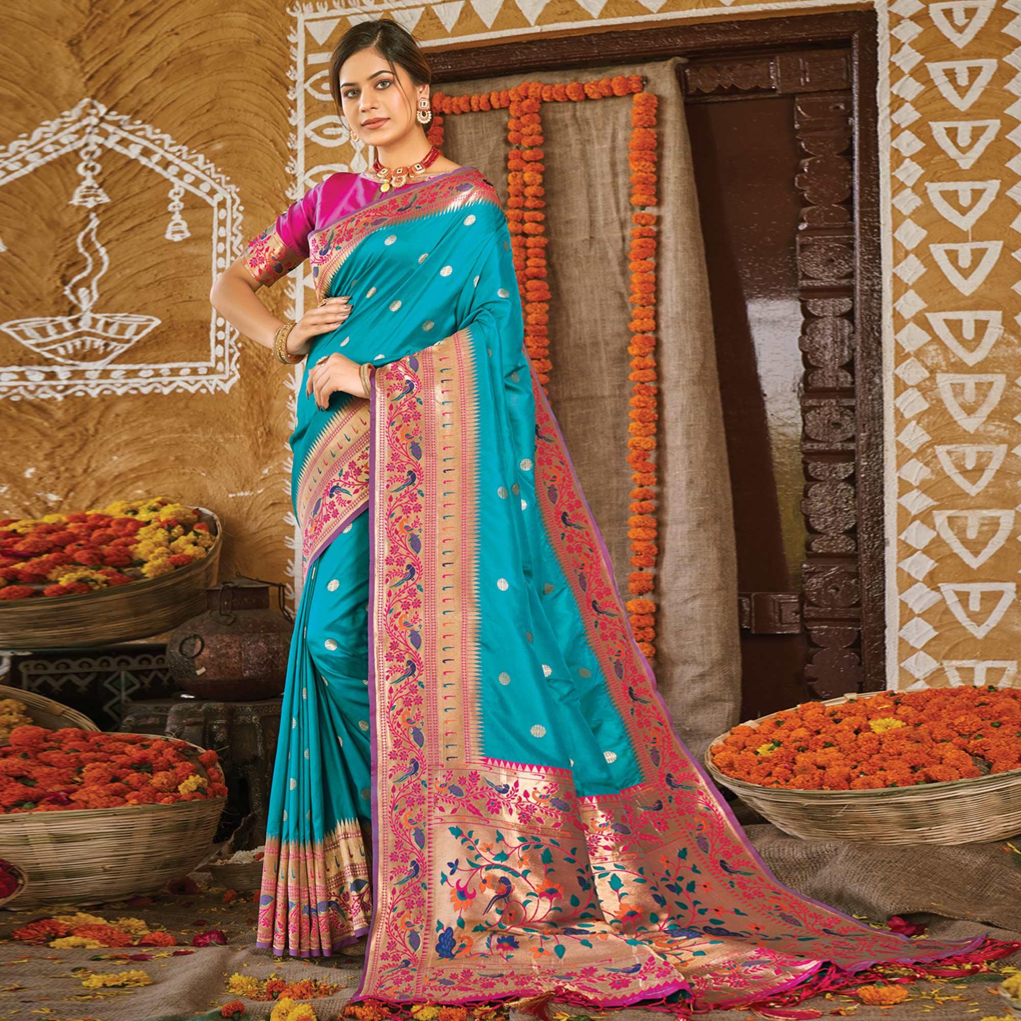 Sky Blue Festive Wear Woven Banarasi Silk Paithani Saree With Tassels - Peachmode