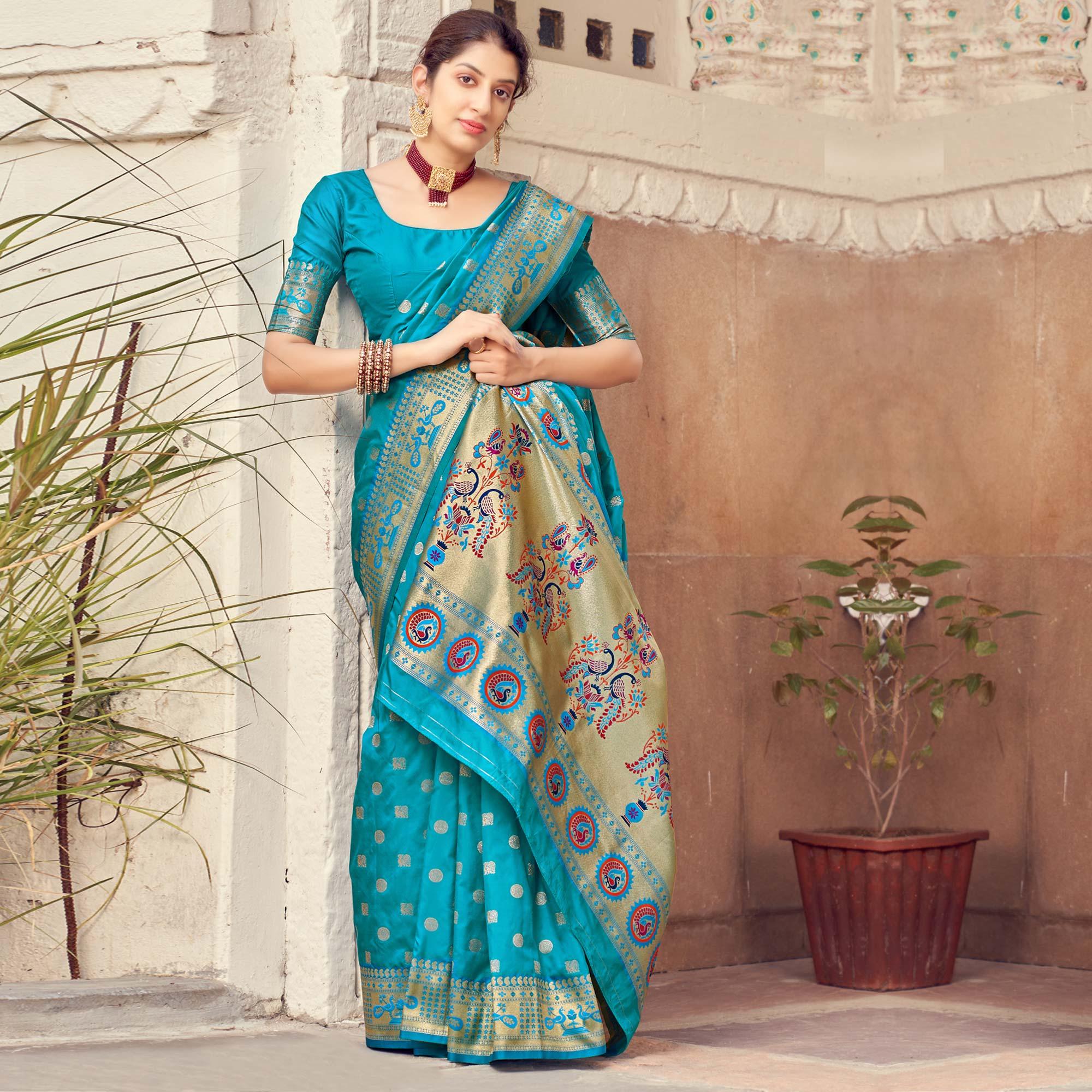Sky Blue Festive Wear Woven Banarasi Silk Saree - Peachmode