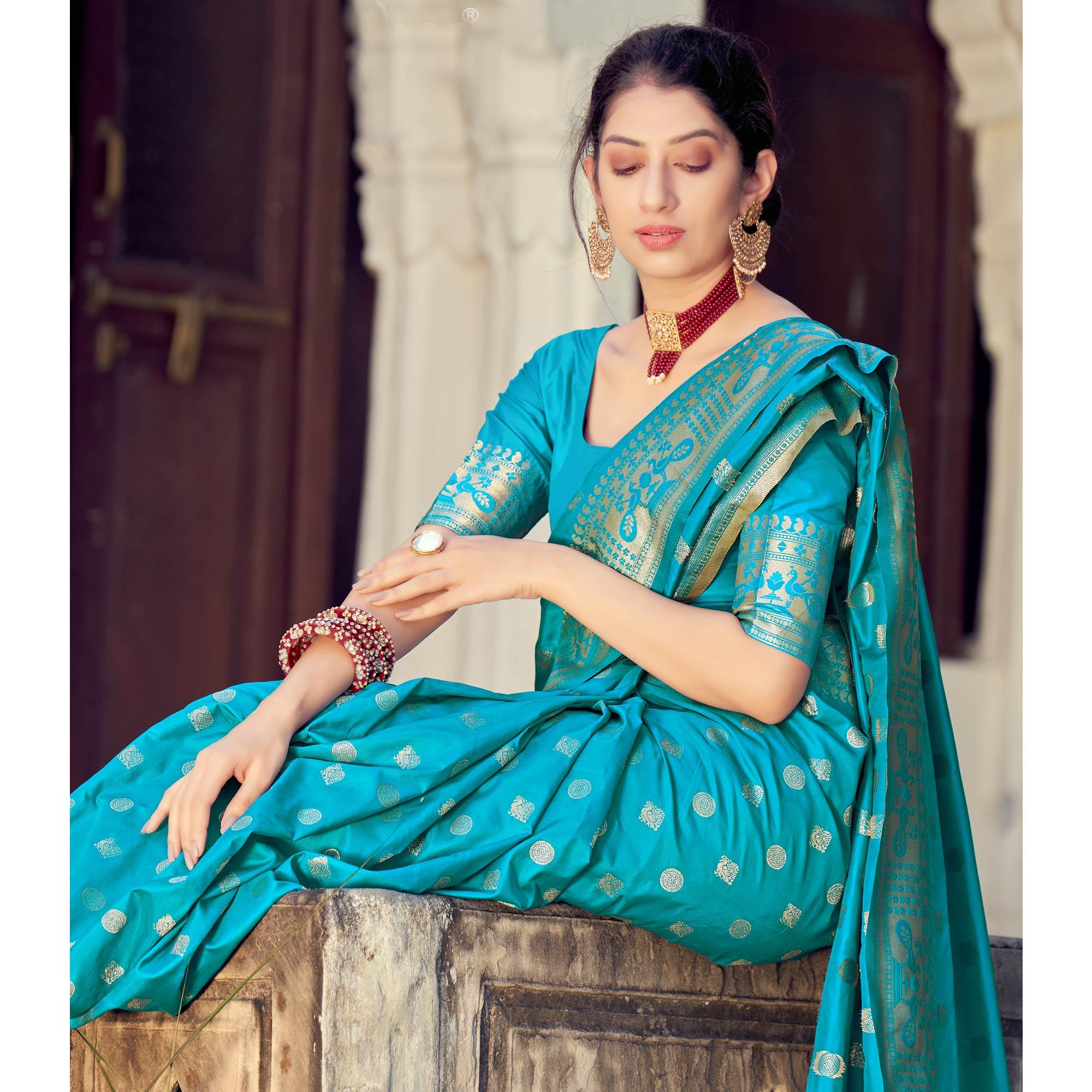 Sky Blue Festive Wear Woven Banarasi Silk Saree - Peachmode