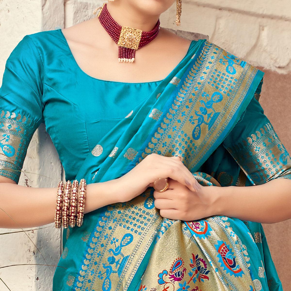 Sky Blue Festive Wear Woven Banarasi Silk Saree - Peachmode