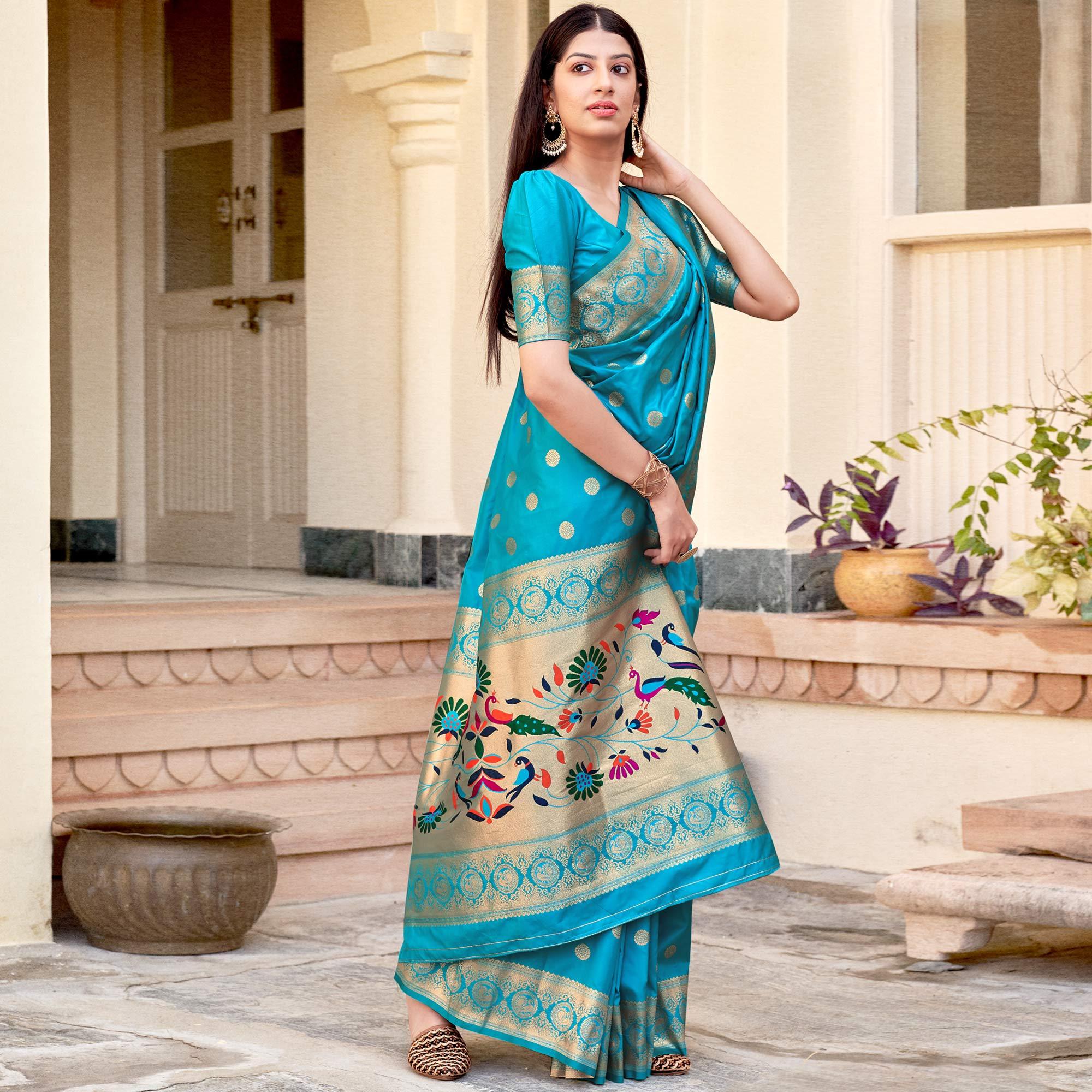 Sky Blue Festive Wear Woven Banarasi Soft Silk Saree - Peachmode