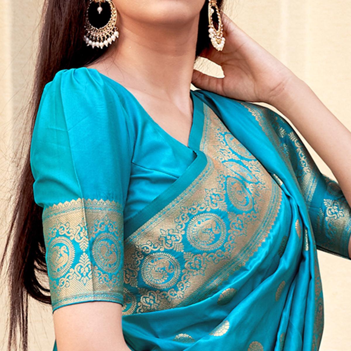 Sky Blue Festive Wear Woven Banarasi Soft Silk Saree - Peachmode