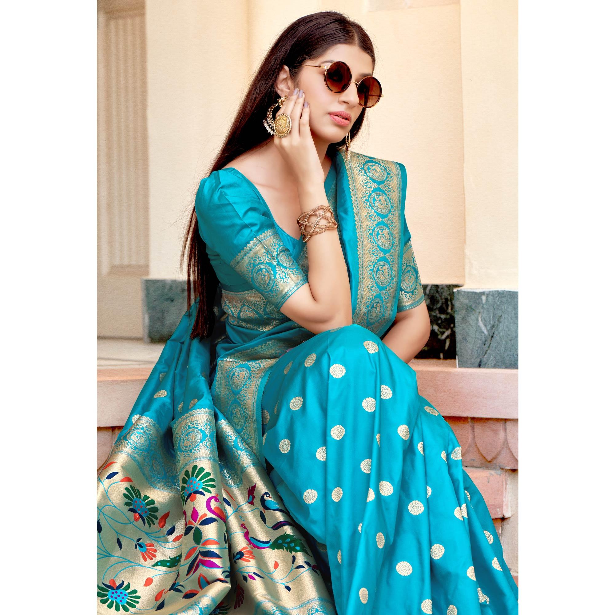 Sky Blue Festive Wear Woven Banarasi Soft Silk Saree - Peachmode