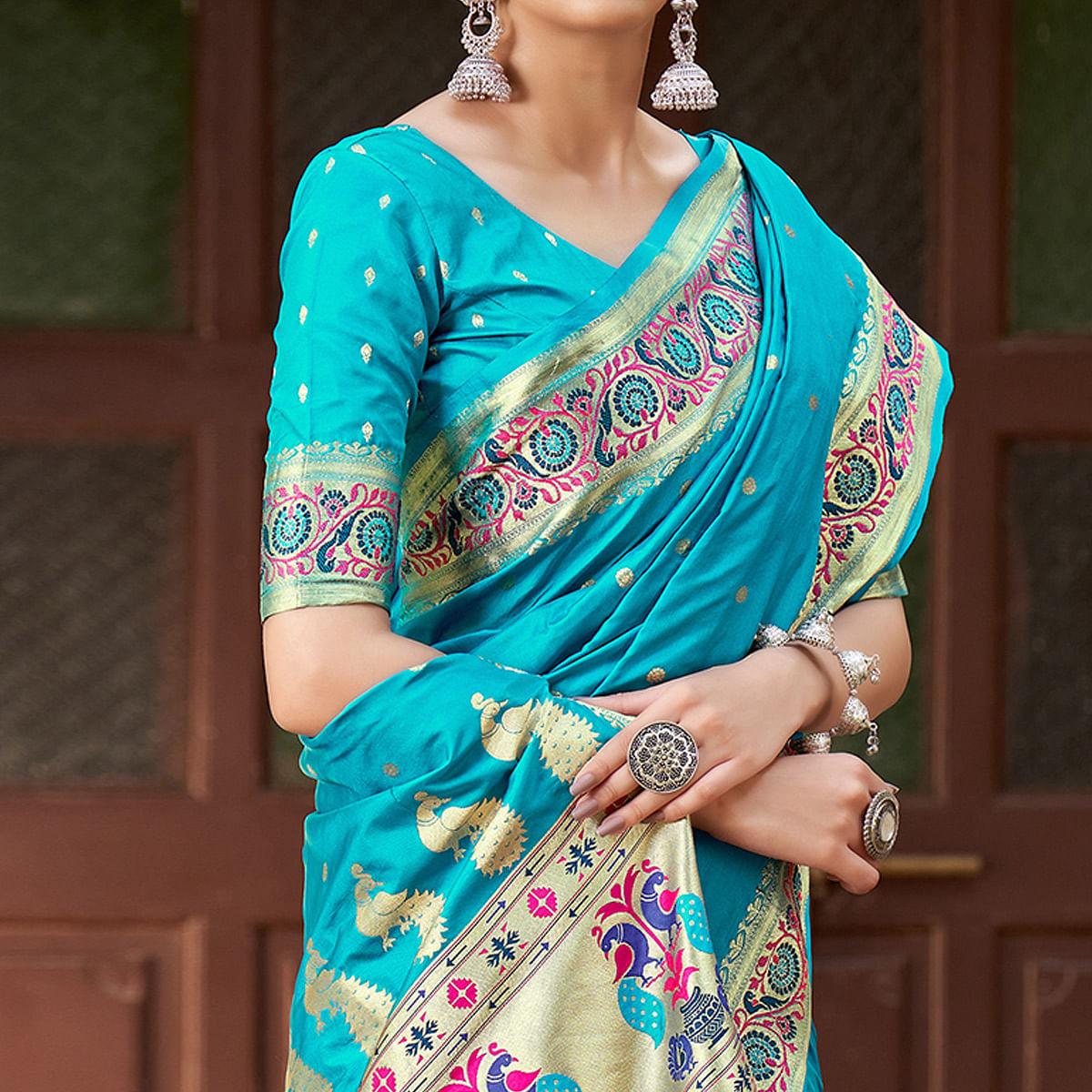Sky Blue Festive Wear Woven Banarasi Soft Silk Saree - Peachmode