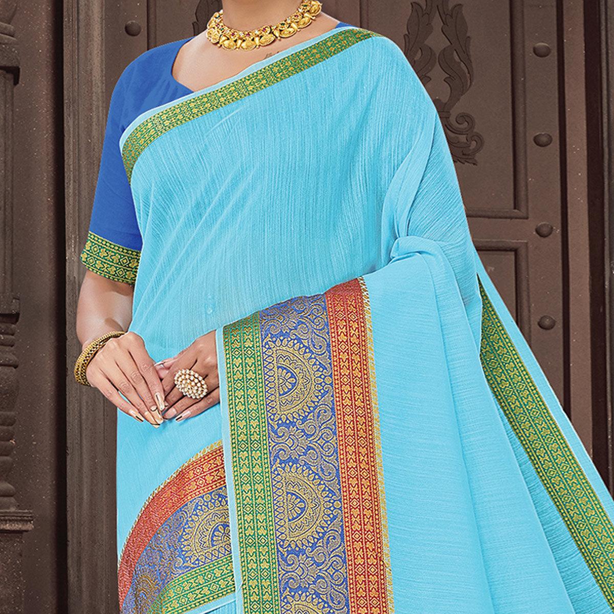 Sky Blue Festive Wear Woven Cotton Handloom Saree - Peachmode
