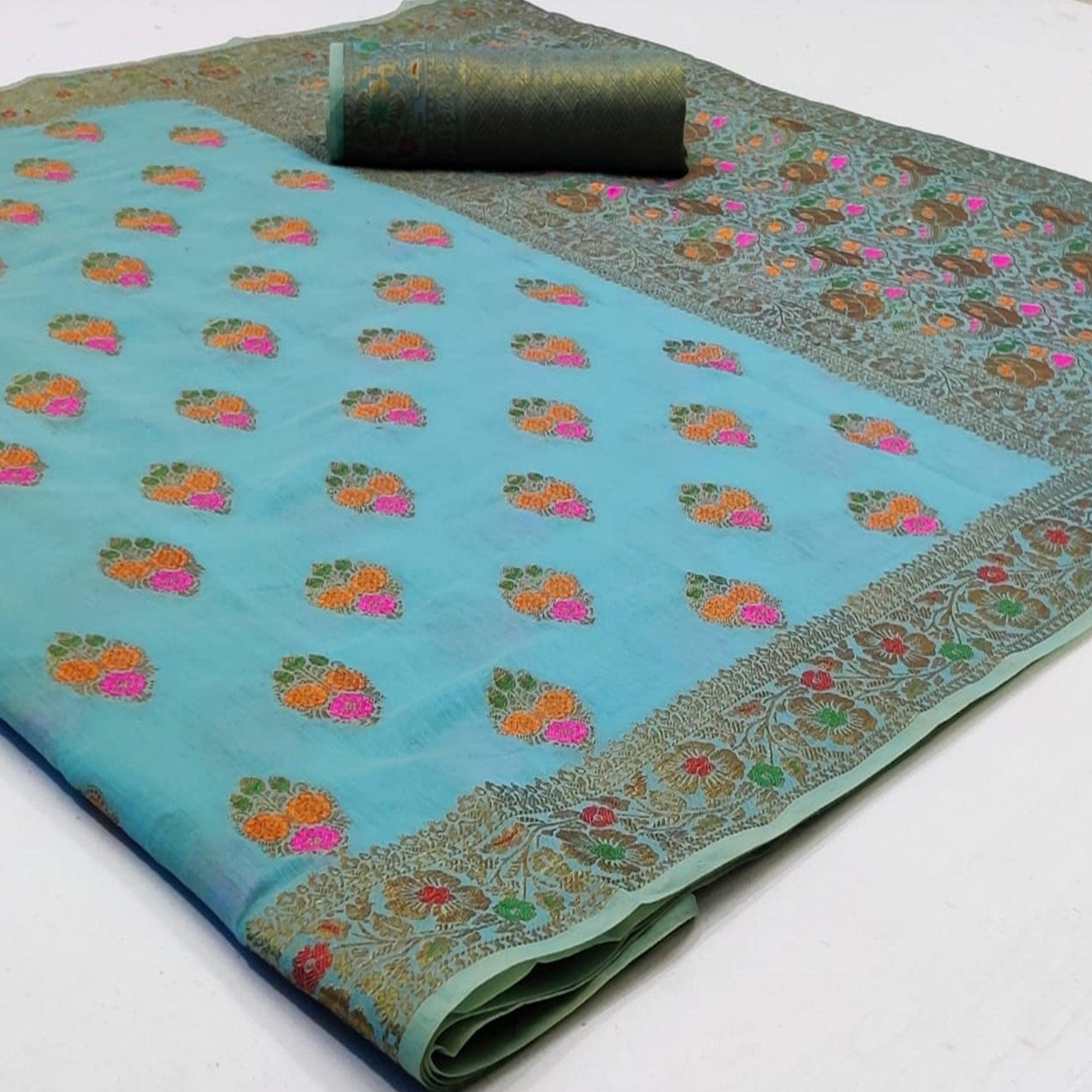 Sky Blue Festive Wear Woven Cotton Saree - Peachmode
