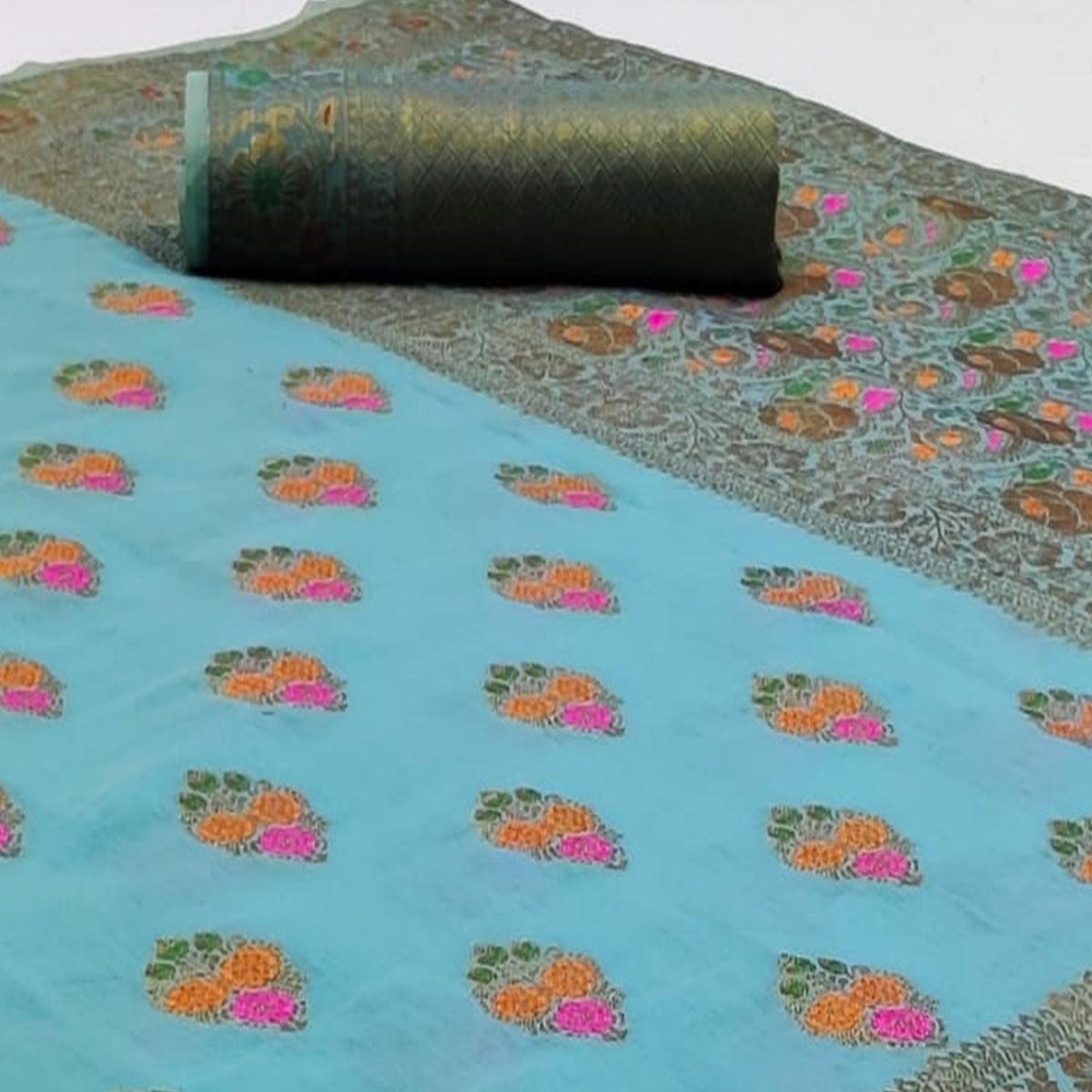 Sky Blue Festive Wear Woven Cotton Saree - Peachmode