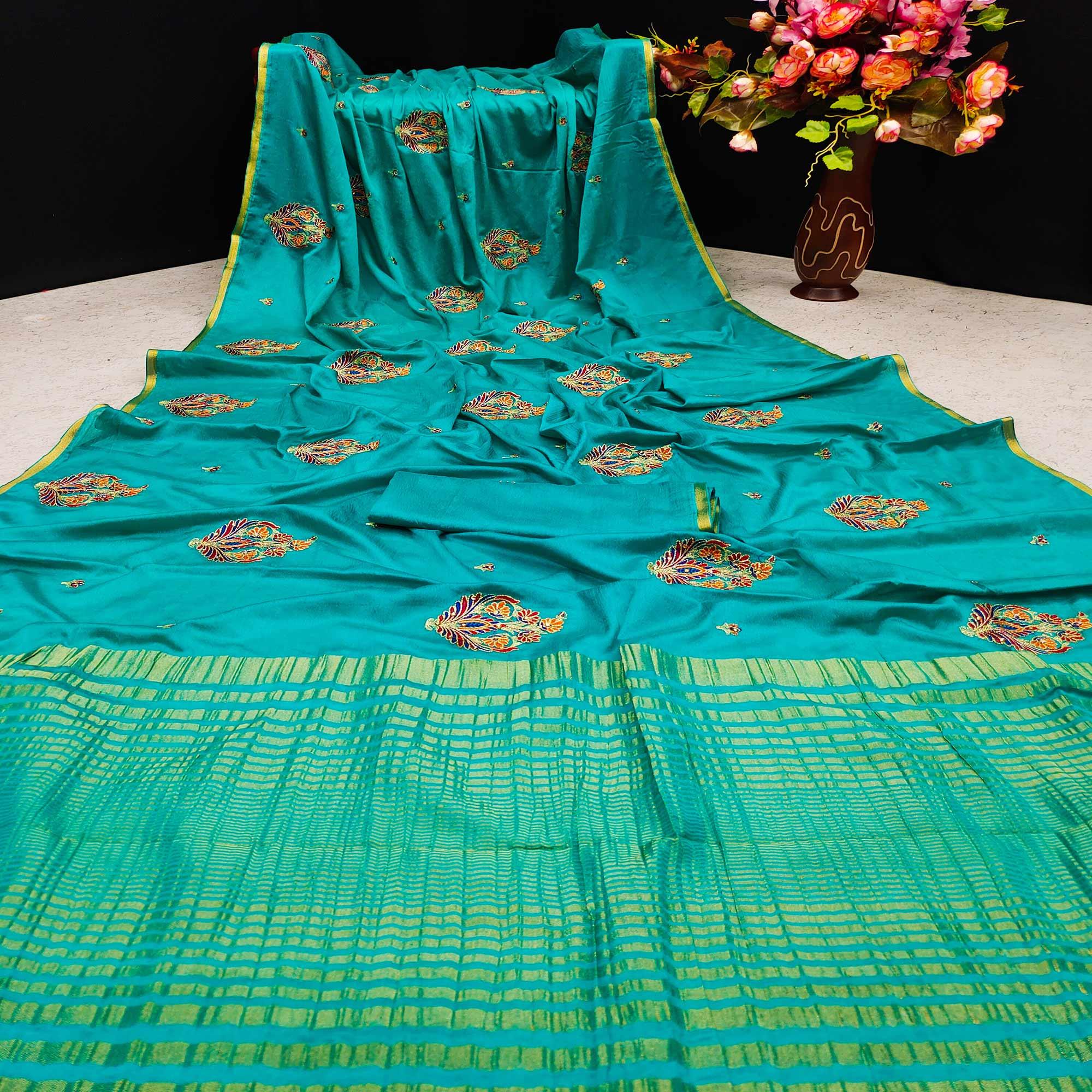 Sky Blue Festive Wear Woven Cotton Silk Saree - Peachmode