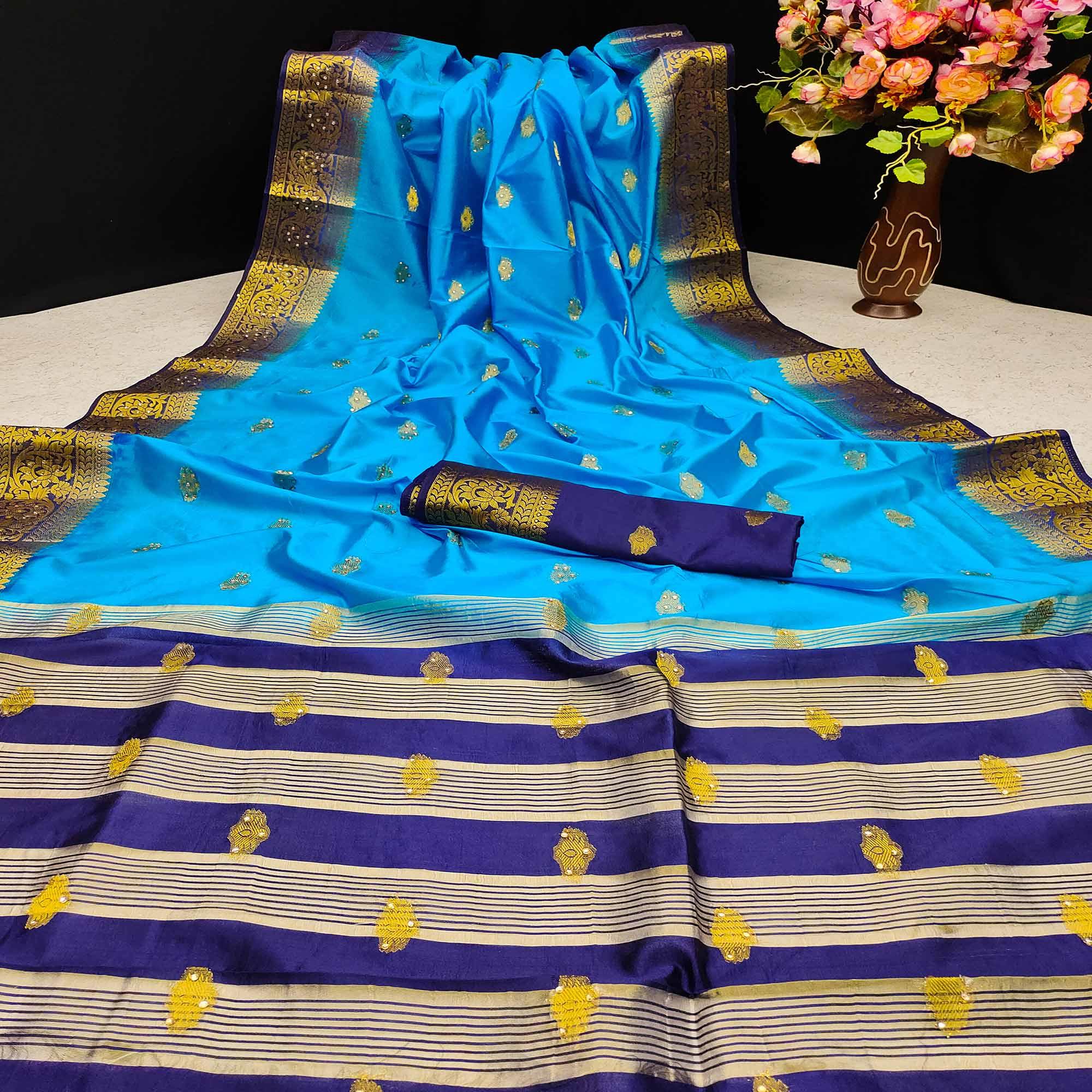 Sky Blue Festive Wear Woven Cotton Silk Saree - Peachmode