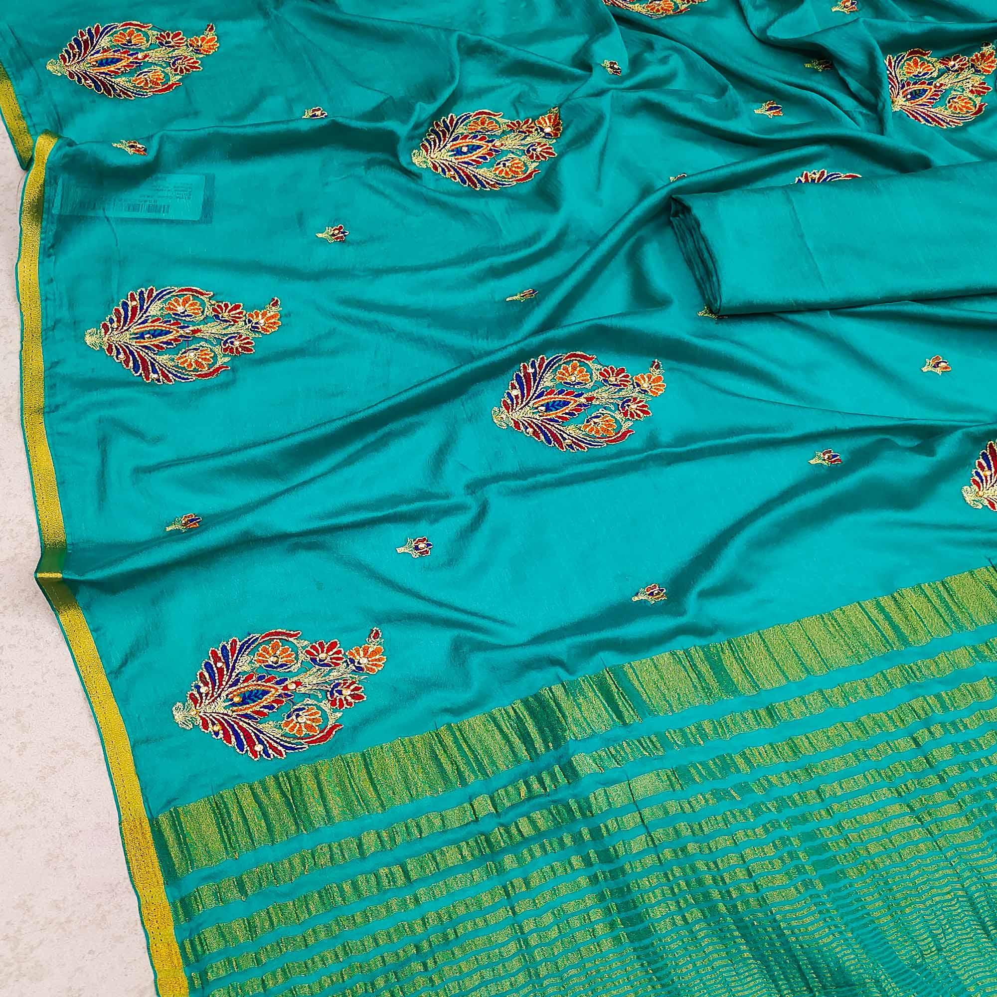 Sky Blue Festive Wear Woven Cotton Silk Saree - Peachmode