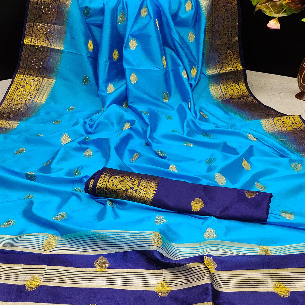 Sky Blue Festive Wear Woven Cotton Silk Saree - Peachmode