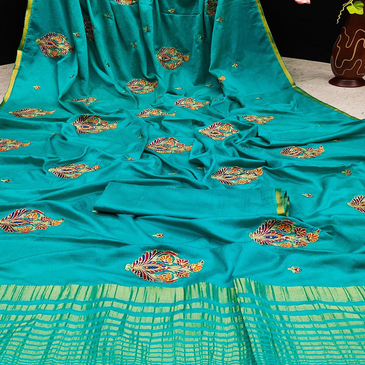 Sky Blue Festive Wear Woven Cotton Silk Saree - Peachmode