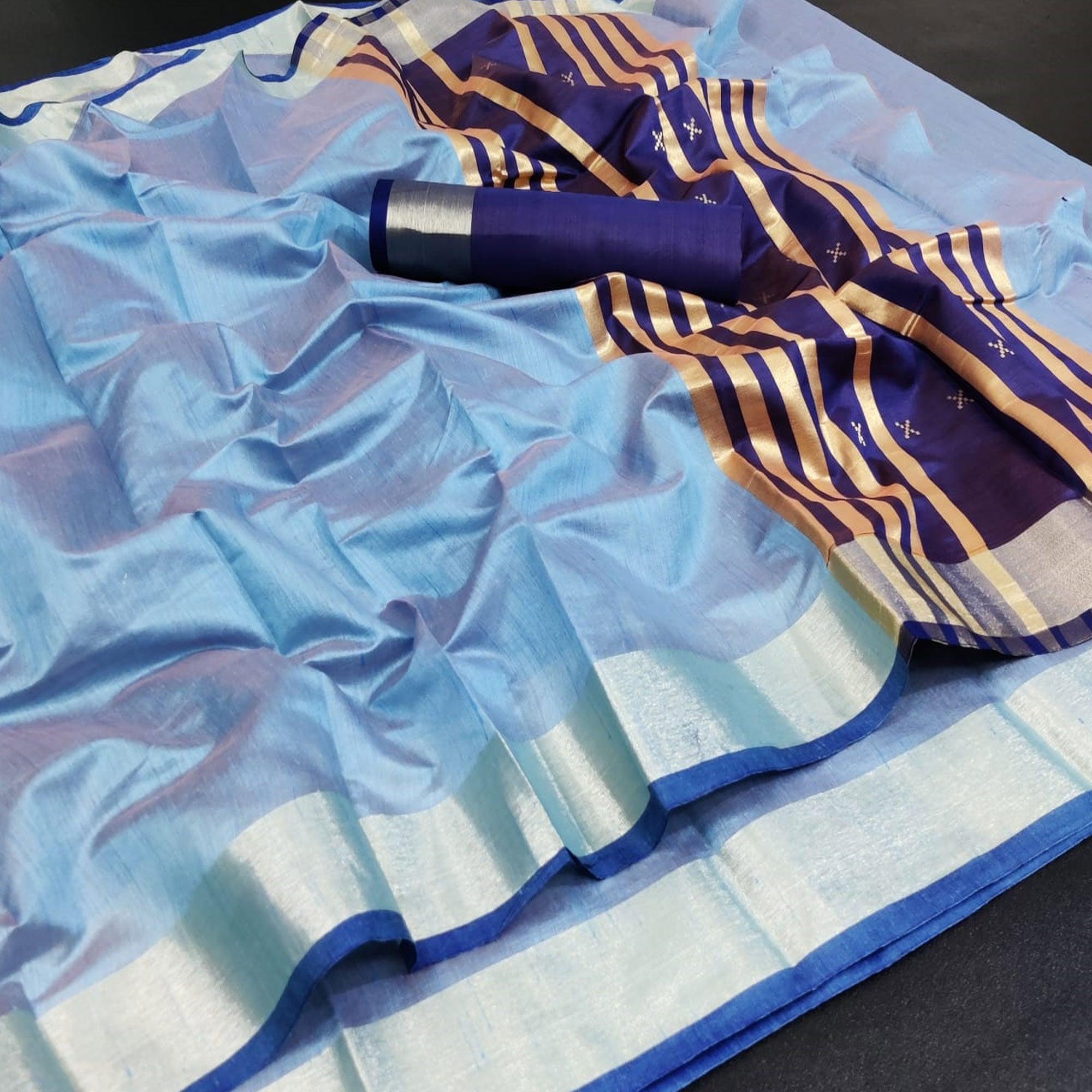 Sky Blue Festive Wear Woven Jute Saree - Peachmode