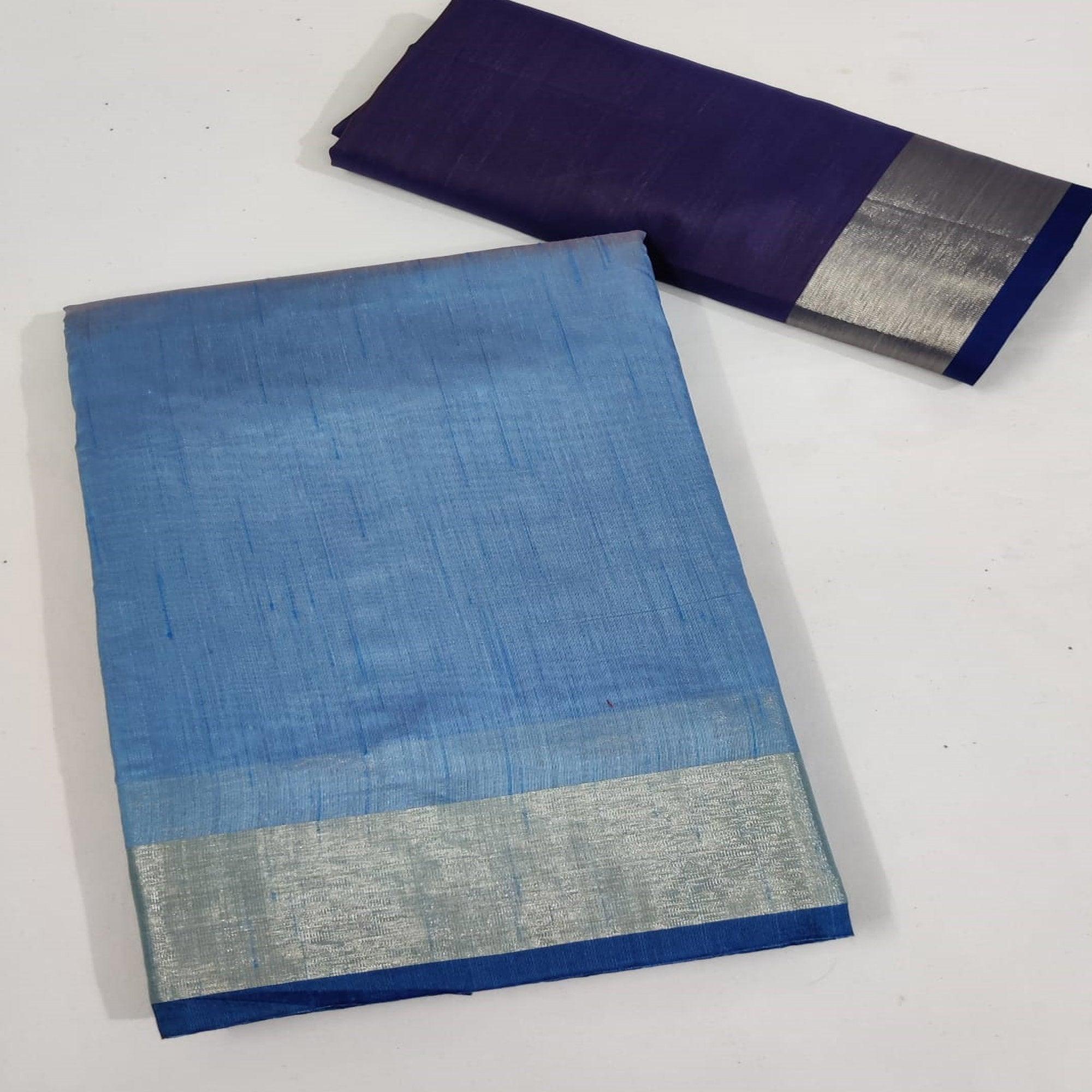 Sky Blue Festive Wear Woven Jute Saree - Peachmode